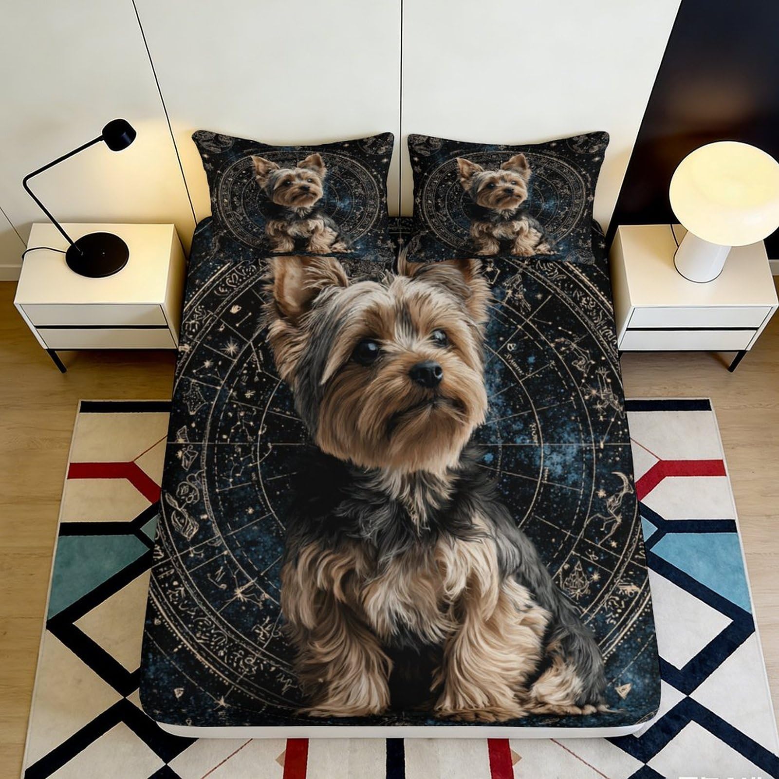3D Printed Yorkshire Terrier Fitted Sheet Microfiber Soft Breathable Constellation Mattress Cover for Bedroom Dormitory Guest Room Mattress Protection 140x200x25cm