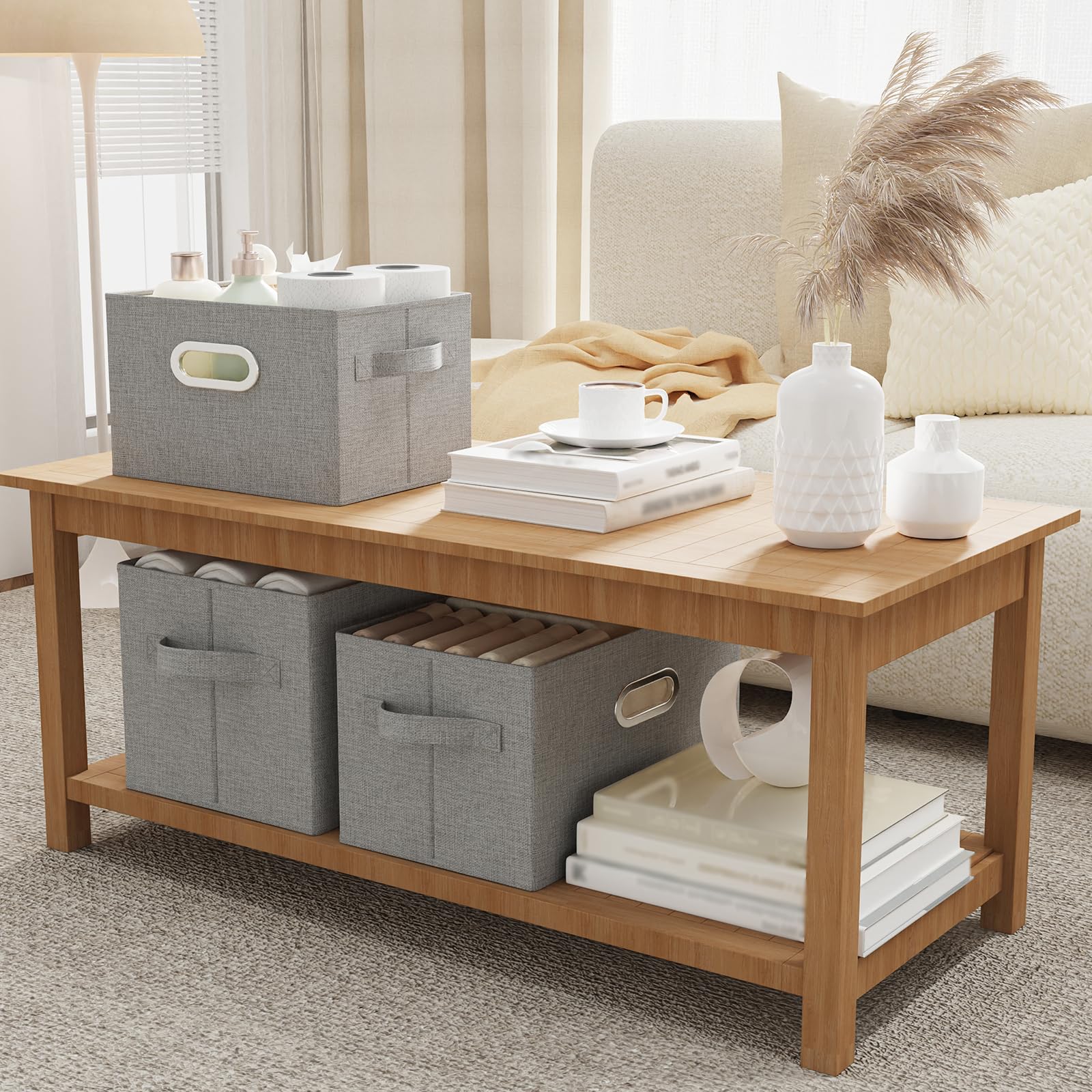 Caja de Almacenamiento con Manija Metálica,38x25x25cm,Gris,4 Piezas | Cesta de Almacenaje con Placa de Soporte PP,Organizador de escritorio con Mango,Lavable Caja para Armario Abatible de Tejidos