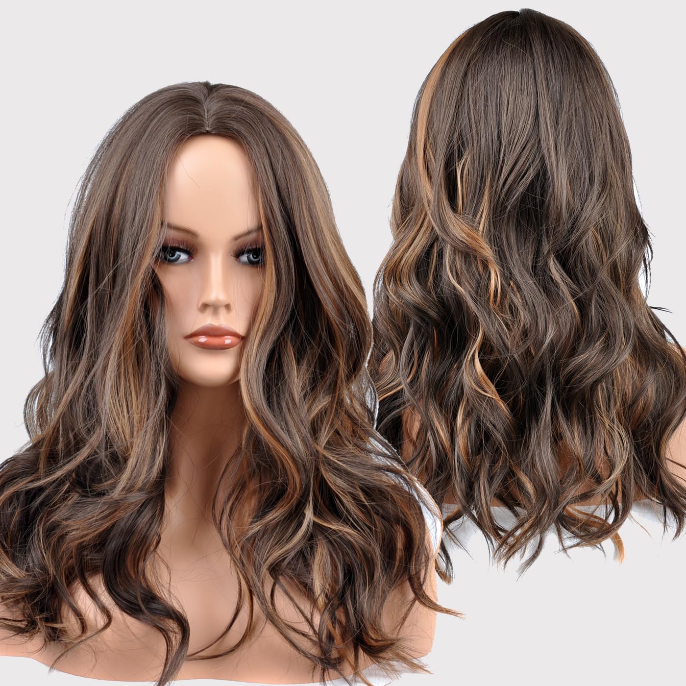 Brown Mixed Ash Blonde Long Wigs for Women,20inch Wave Curly Middle Part Synthetic Hair Wig Daily with layered