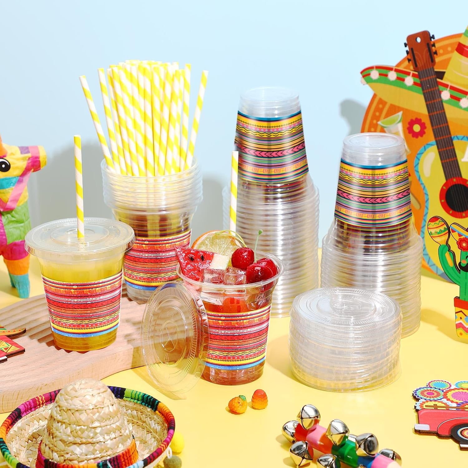 Jingmore 100 Pack 12 oz Fiesta Plastic Cups with Lids and Paper Straws Mexican Clear Disposable Cups Bulk Cinco De Mayo Party Decorations for Fiesta Taco Birthday Party Drinkware Supplies