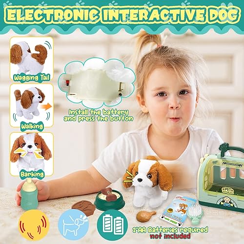 Miniatura 2 de TEUVO Set de juego de cuidado de mascotas Robot Perro Juguetes para niños, 12 piezas Juguetes para juego de simulación de alimentación, camina,