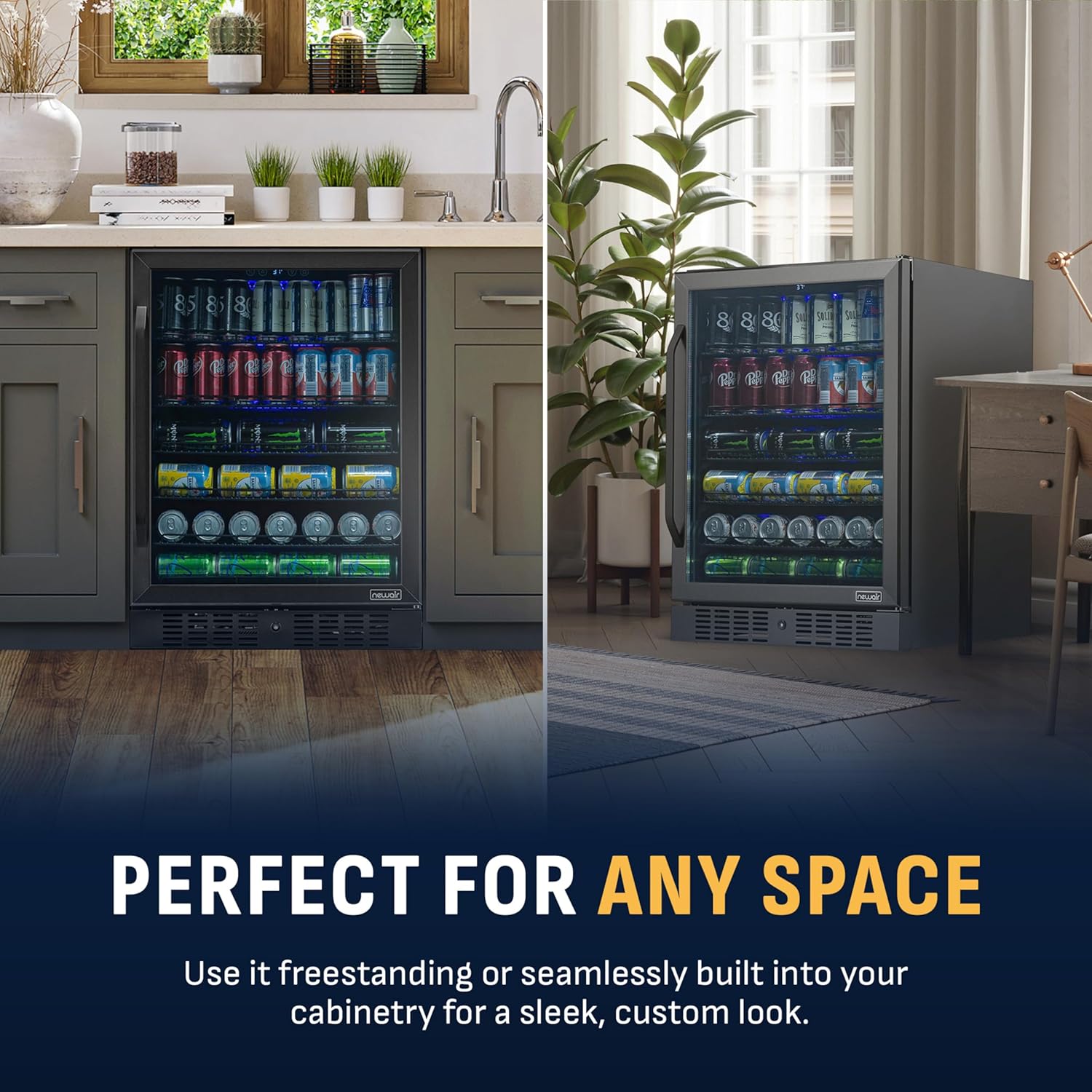NewAir Beverage Refrigerator with Glass Door | 177 Can Mini Fridge for Bedroom, Dorm, Office, or Gaming Setup | Soda, Beer, and Wine Cooler | Black Stainless Steel