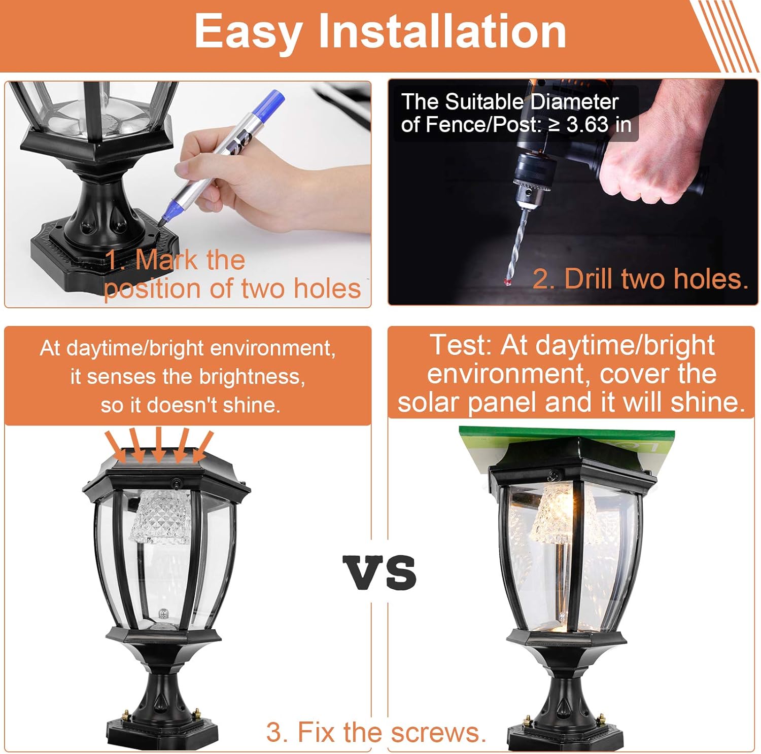 Solar Lamp Post Light, Solar Fence Lights High Aluminum Outdoor Waterproof Solar Powered Led Light Warm White Brightness for Garden Yard Patio 1 Pack Black