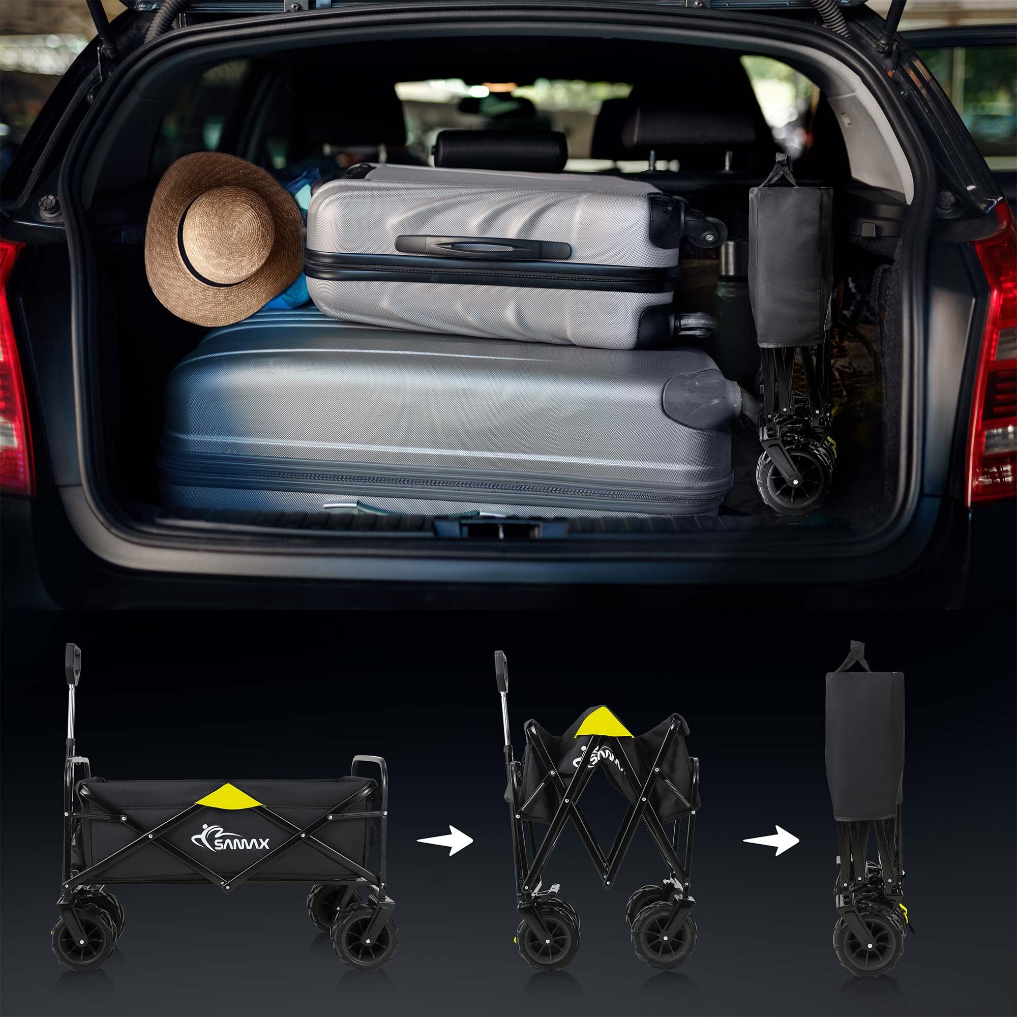 SAMAX Bollerwagen Handwagen Gartenwagen Strandwagen bis 200 kg - Klappbar Faltbarer Bollerwagen Transportwagen - Camping Edition Schwarz/Gelb