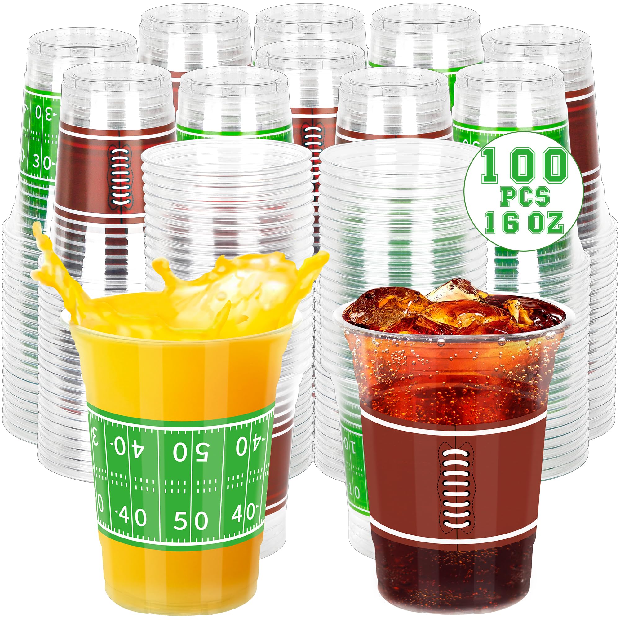 100 PCS Football Plastic Cups, 16 OZ Plastic Cups, Clear Football Cups Bulk, Disposable Cups Cold Hot Drink for Football Party Supplies Football Birthday Party Decorations, Football Decor