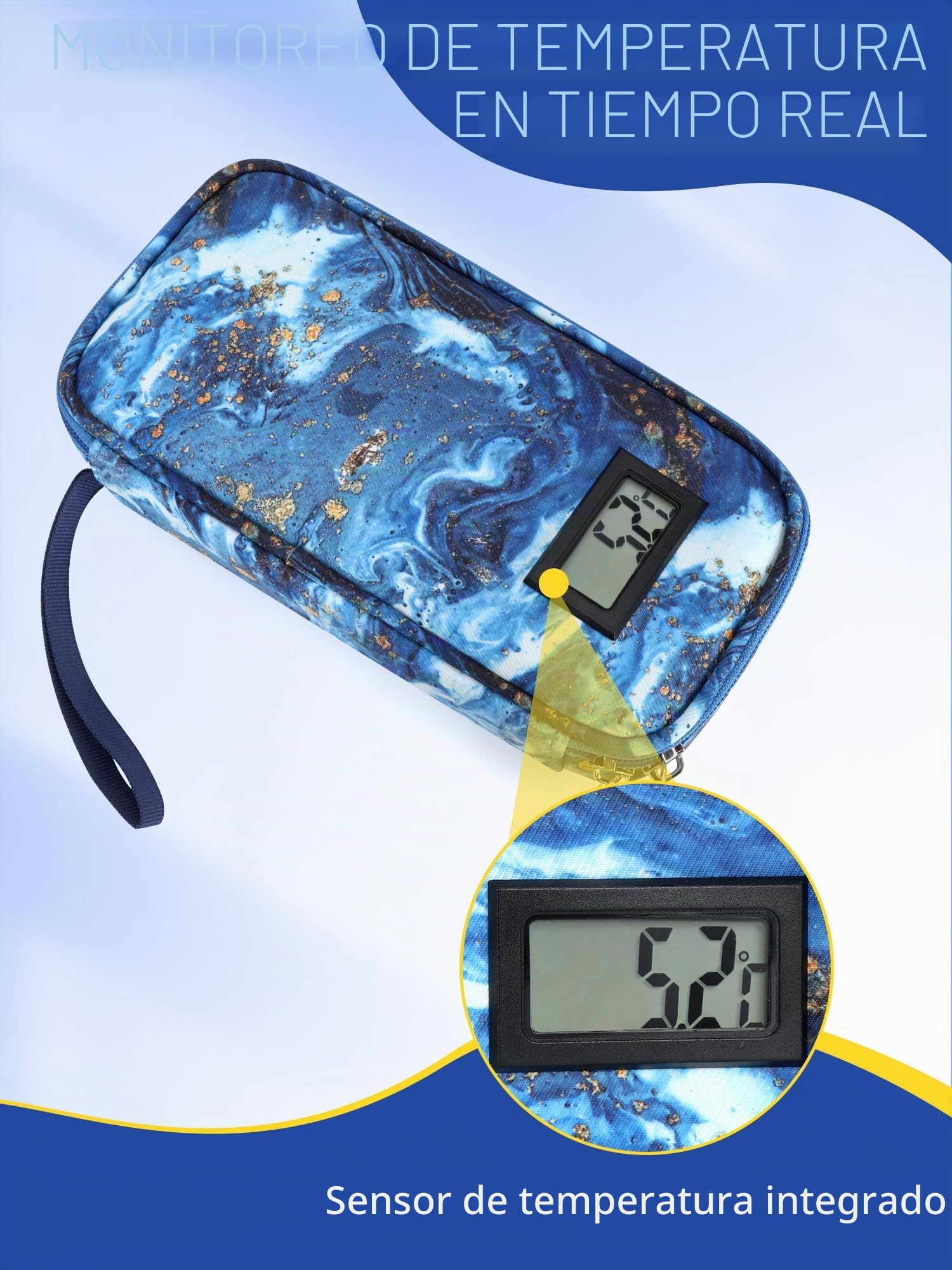 YOUSHARES Bolsa Refrigerante para Insulina con 2 Bolsas de Hielo TSA, Bolsa Isotérmica para Insulina, Nevera Insulina para Viajes con Indicador Temperatura (Arena Movediza Dorada)