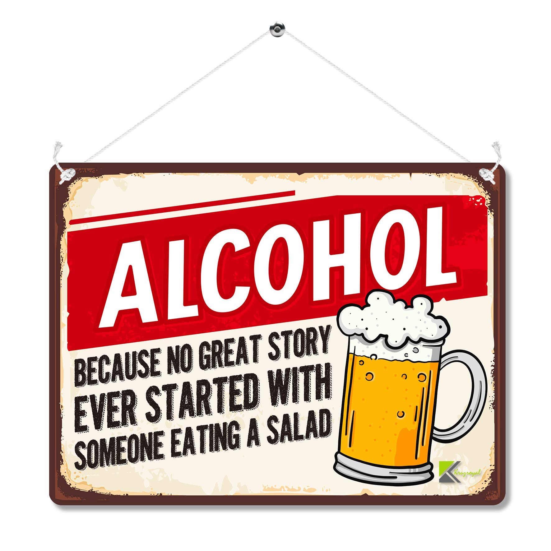 Kruzroyal Funny Alcohol Metal Wall Sign, No Great Story Salad Novelty Plaque Gift, Retro Vintage Tin Decor for Home Bar Pub or Man Cave, 20x15cm with Hanging String & Pre-Drilled Holes