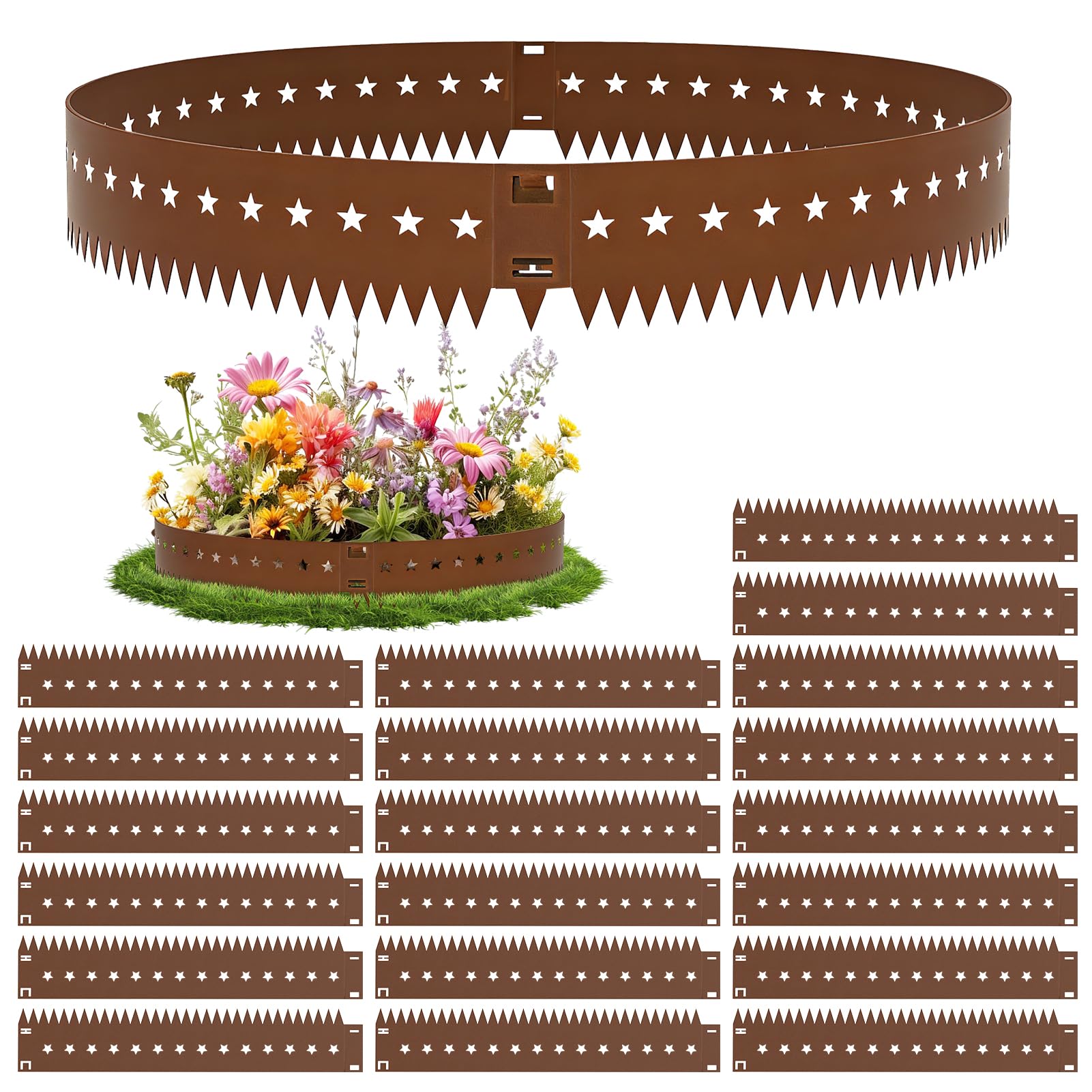 papasbox 20Pack Lawn Edging, 107.5 * 20cm Star garden edging border, Flexible Garden Edging, Corten Steel Heavy Duty LawnEdging, metal lawnedging-No-Dig Hammer-in-Grass Landscaping Pathway Edge Strip