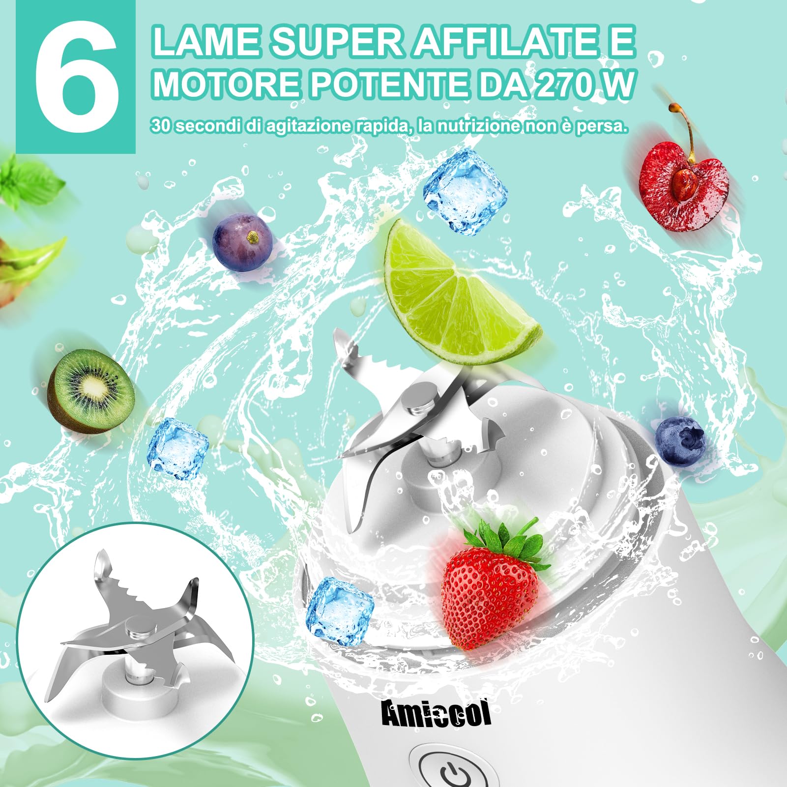 Mini Frullatore Portatile Elettrico, 270W 600ml Mixer Cucina 6 Lame Inox, USB Frullatore Piccolo Tritatutto da Cucina, Frullatore Smoothie Maker Estrattore Frutta Verdura Sbattitore Elettrico