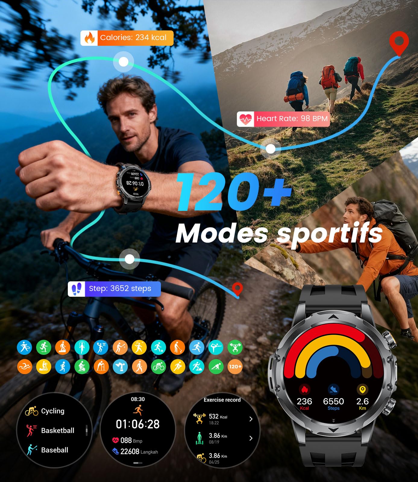 FITFLEX Montre Connectée Homme avec Appel Bluetooth, 1.53" HD Smartwatch avec Batterie 1000 mAh(60+Standby Zeit)/Lampe de Poche/120+ Sportifs/Sommeil, IP68, Fitness Montre Connecté iOS Android | Écran AMOLED HD 1,53", batterie 1000 mAh, appels Bluetooth,