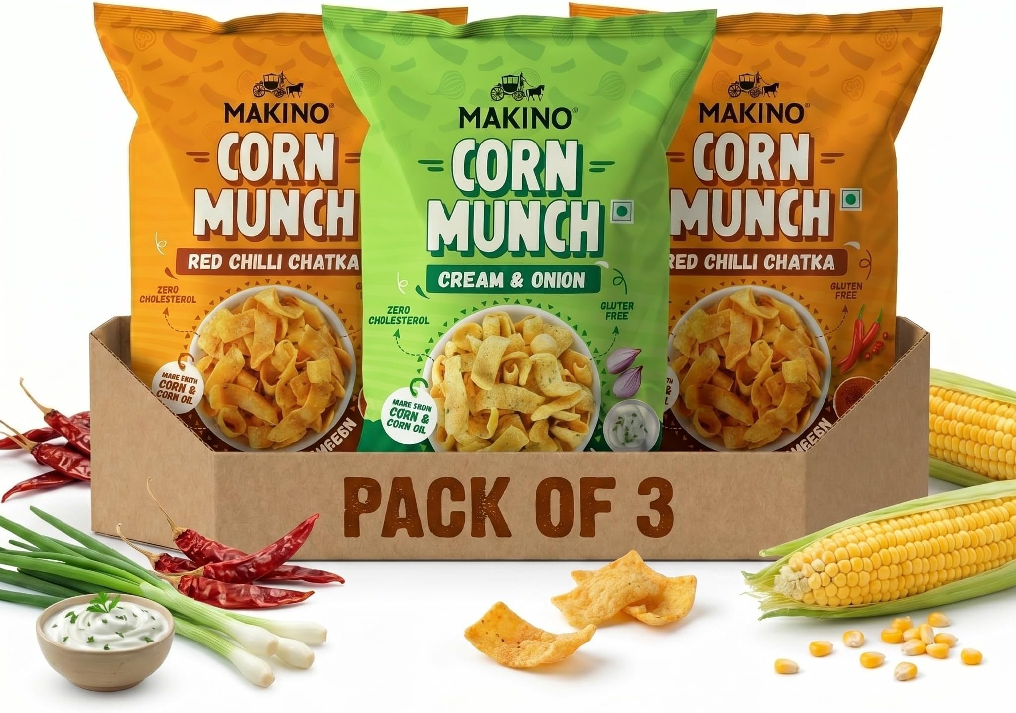 - Corn Munch Combo Pack of 3 (150g Each) - Cream & Onion and Red Chilli Chatka | Crunchy Corn Chips | Gluten Free, No MSG, Zero Trans Fat | Sizzling Hot & Creamy Fusion Snacks