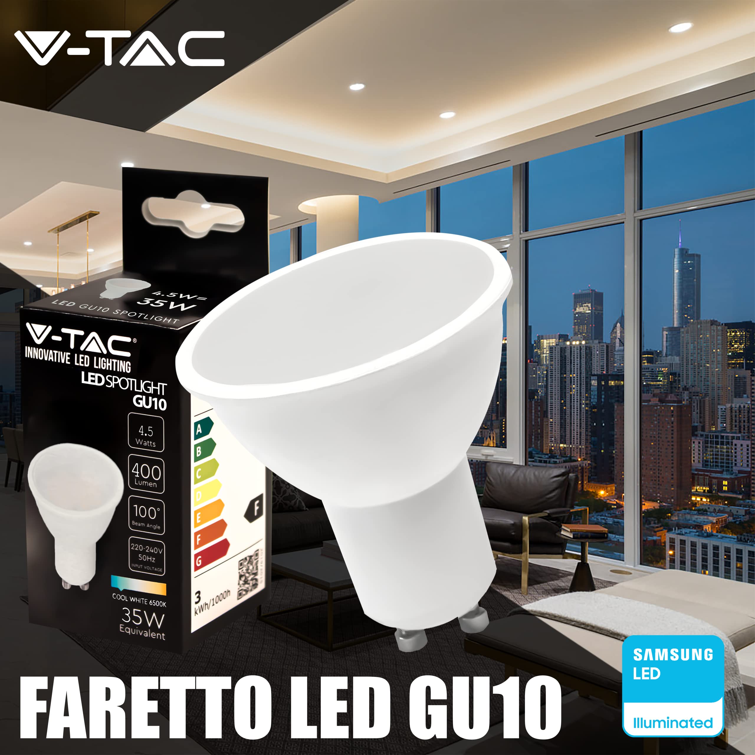 V-TAC 10x Ampoules LED GU10-4,5W 400 Lumen - Haute Luminosité - Spot LED GU10 Pour Efficacité Maximale Et Économie D'énergie - Lumière Blanc Neutre 4000K
