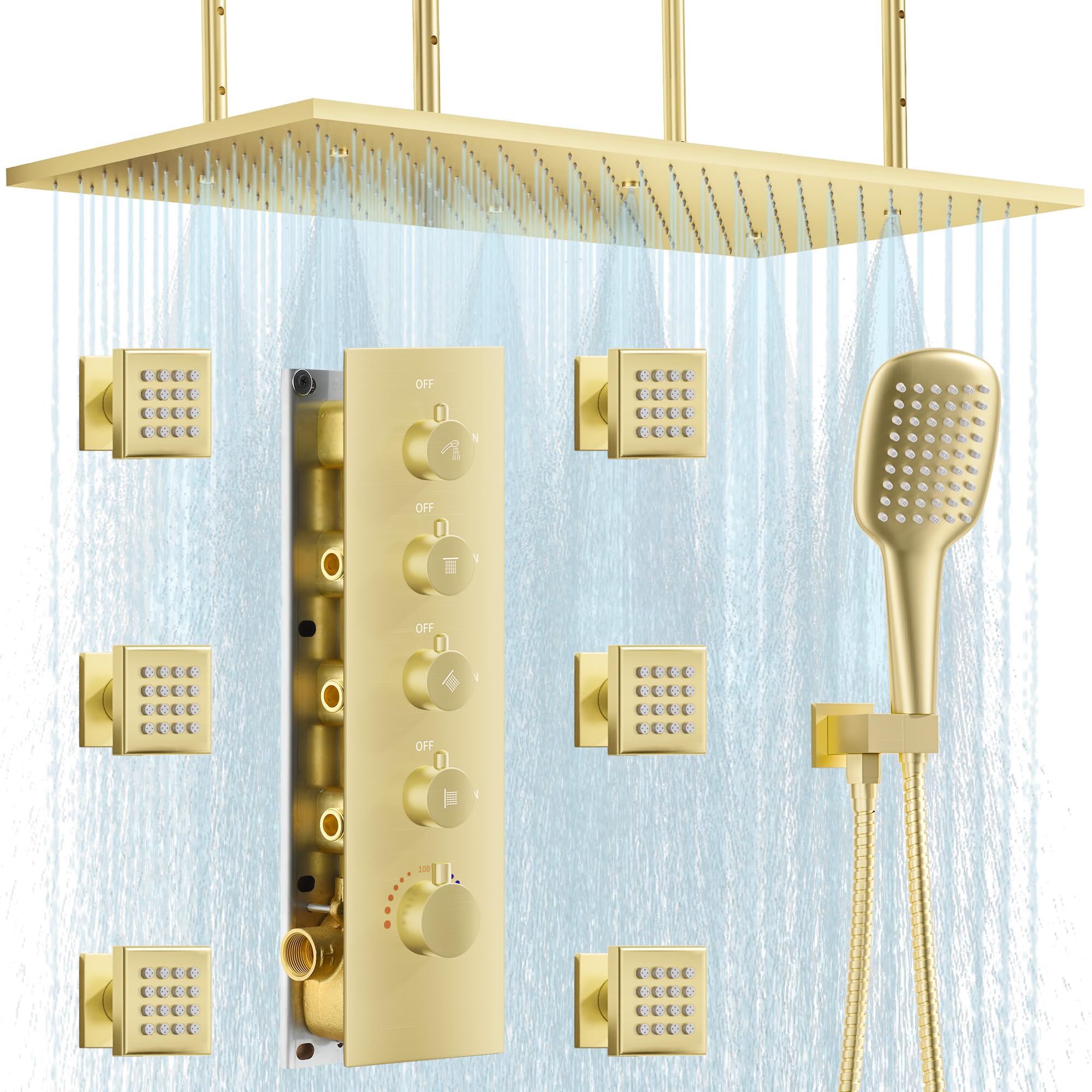 Luxury Thermostatic Mist & Rainfall Shower System with 6 Body Jets & Handheld Sprayer, 32-Inch 2 Function Ceiling Shower Head, Brushed Gold Full Body Shower Faucet Sets, Valve & Trim Kit