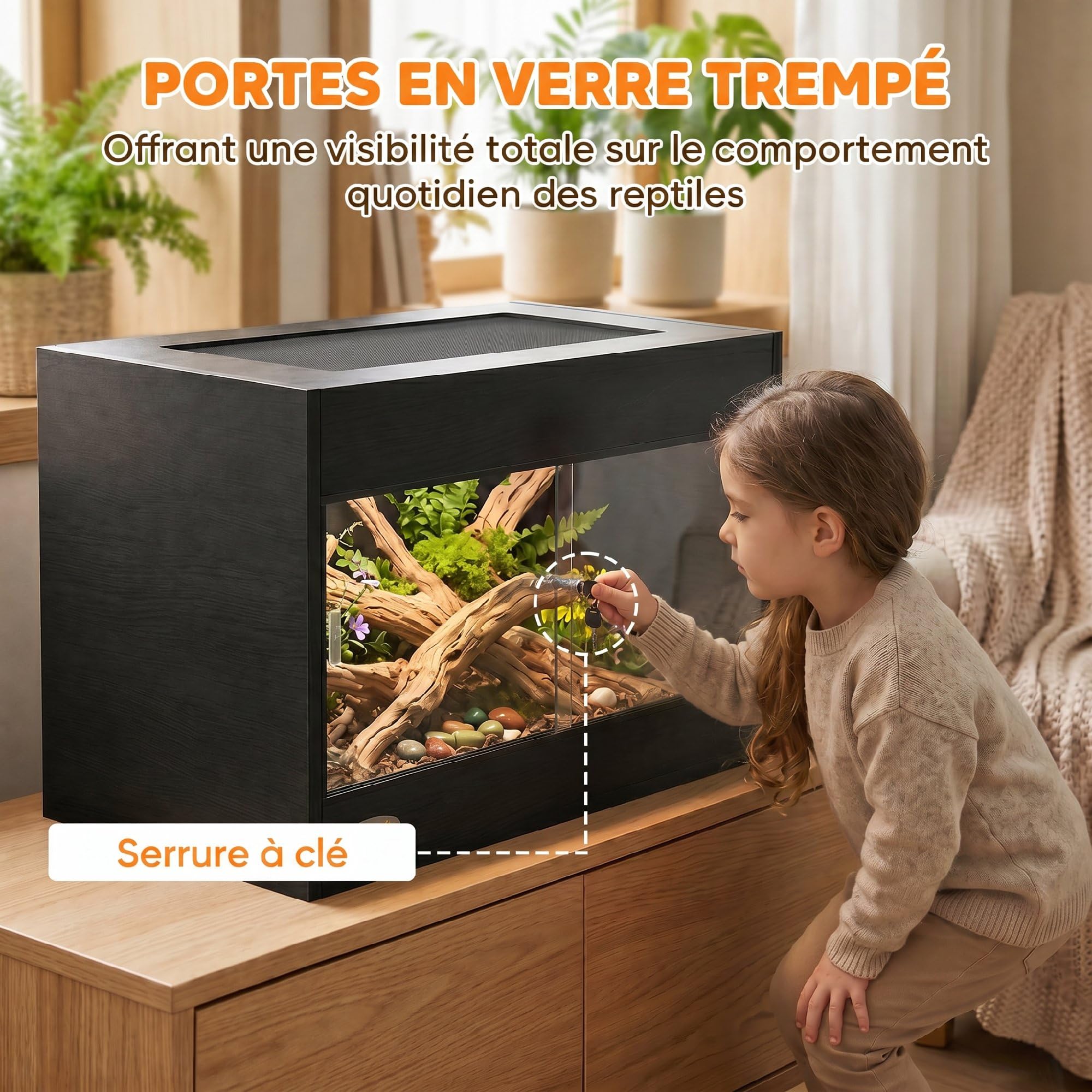 PawHut Terrario per rettili ad alta resistenza per geco 60x45x45cm Nero | Porte vetro scorrevoli, chiusura sicurezza, ventilazione sup., vivario rettili, recinto tarantola, drago barbuto, serpente