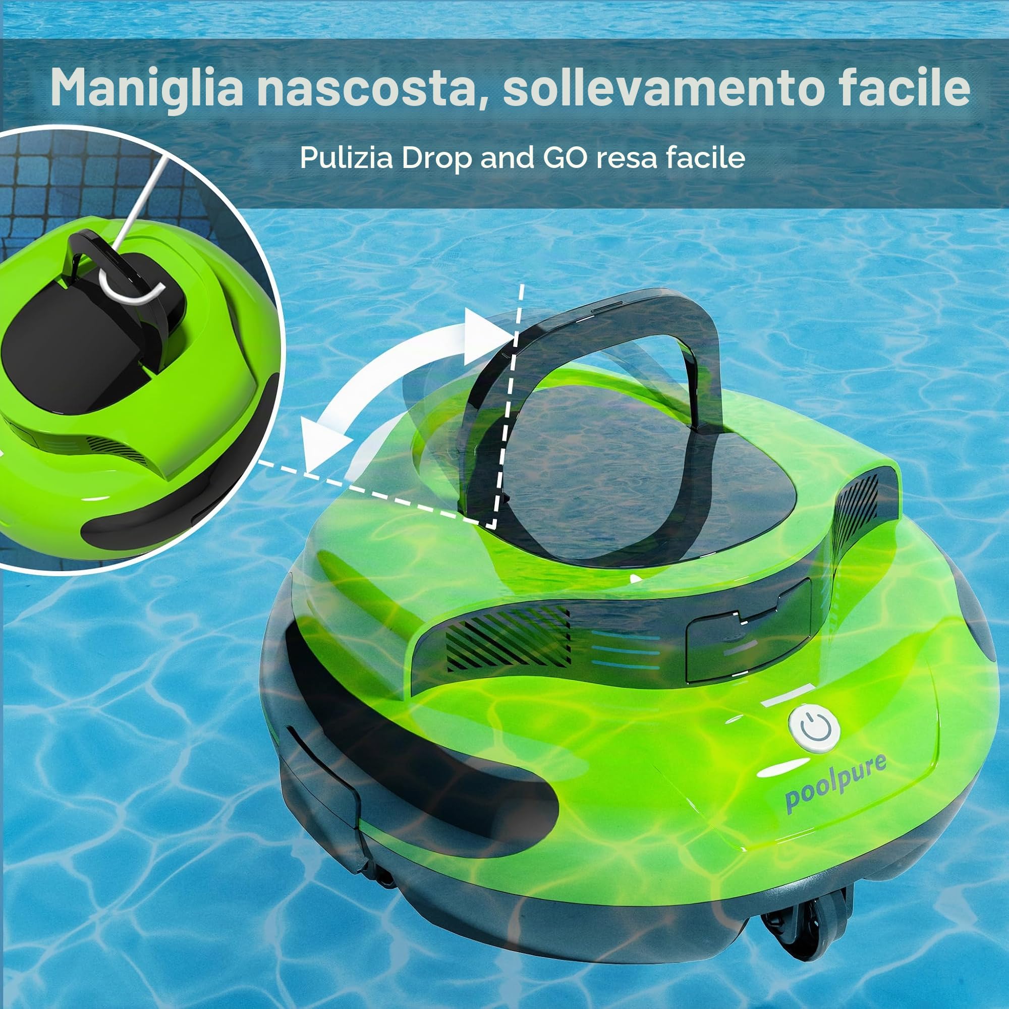 POOLPURE Aspirapolvere per Piscina, Batteria da 5000 mAh, Doppio Motore, indicatori LED, Funzione Self-Parking, IPX8, Impermeabile, Robot da Piscina Senza Fili per Piscine Piatte da 90 m²