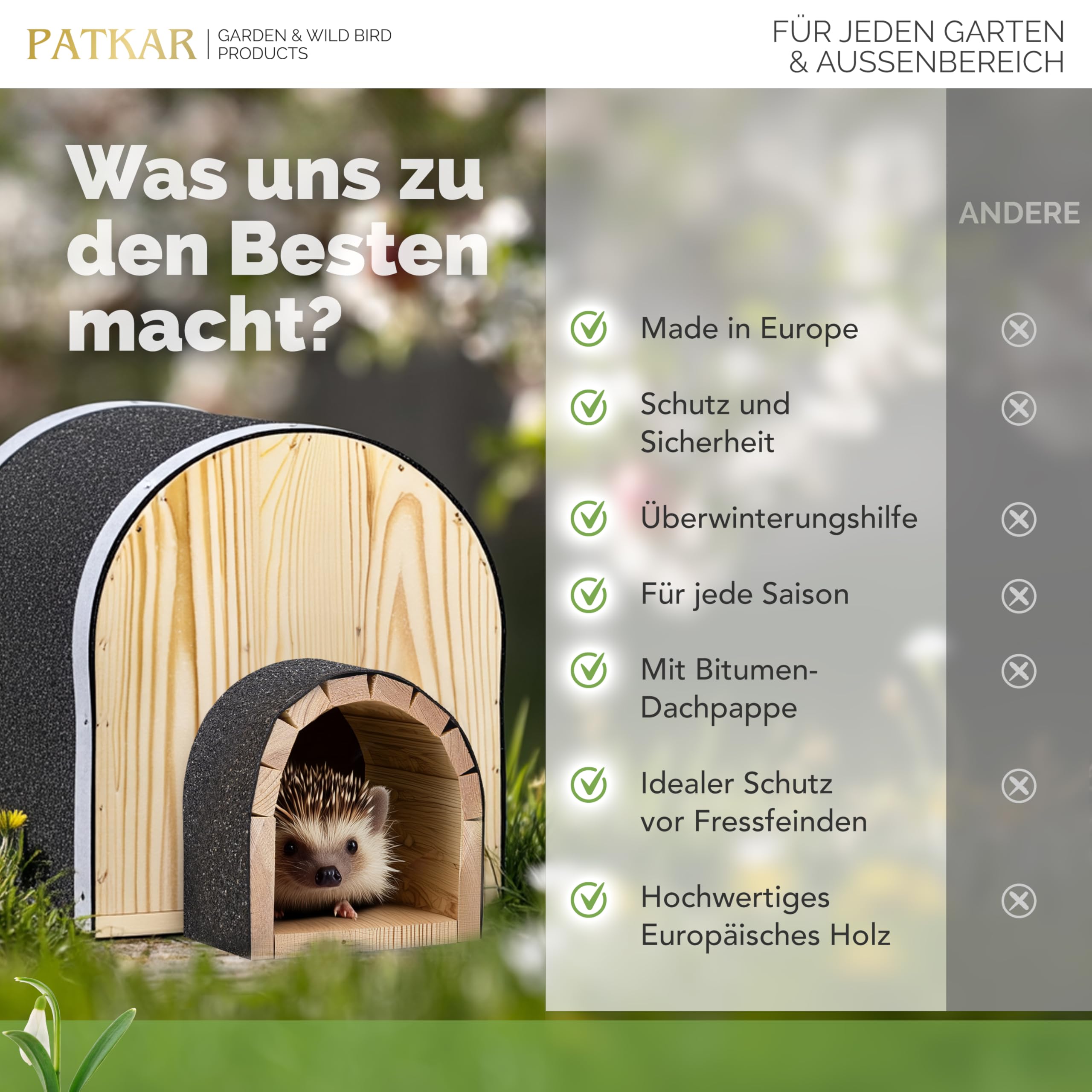 PATKAR Igelhaus Winterfest mit Boden [SCHÜTZT VOR FRESSFEINDEN] - Premium Igelfutterhaus (Made in Europe) - Hochwertige Igelhäuser Igel Haus - Igel Schlafhaus Igel Futterhaus - Igelhotel (Natur)