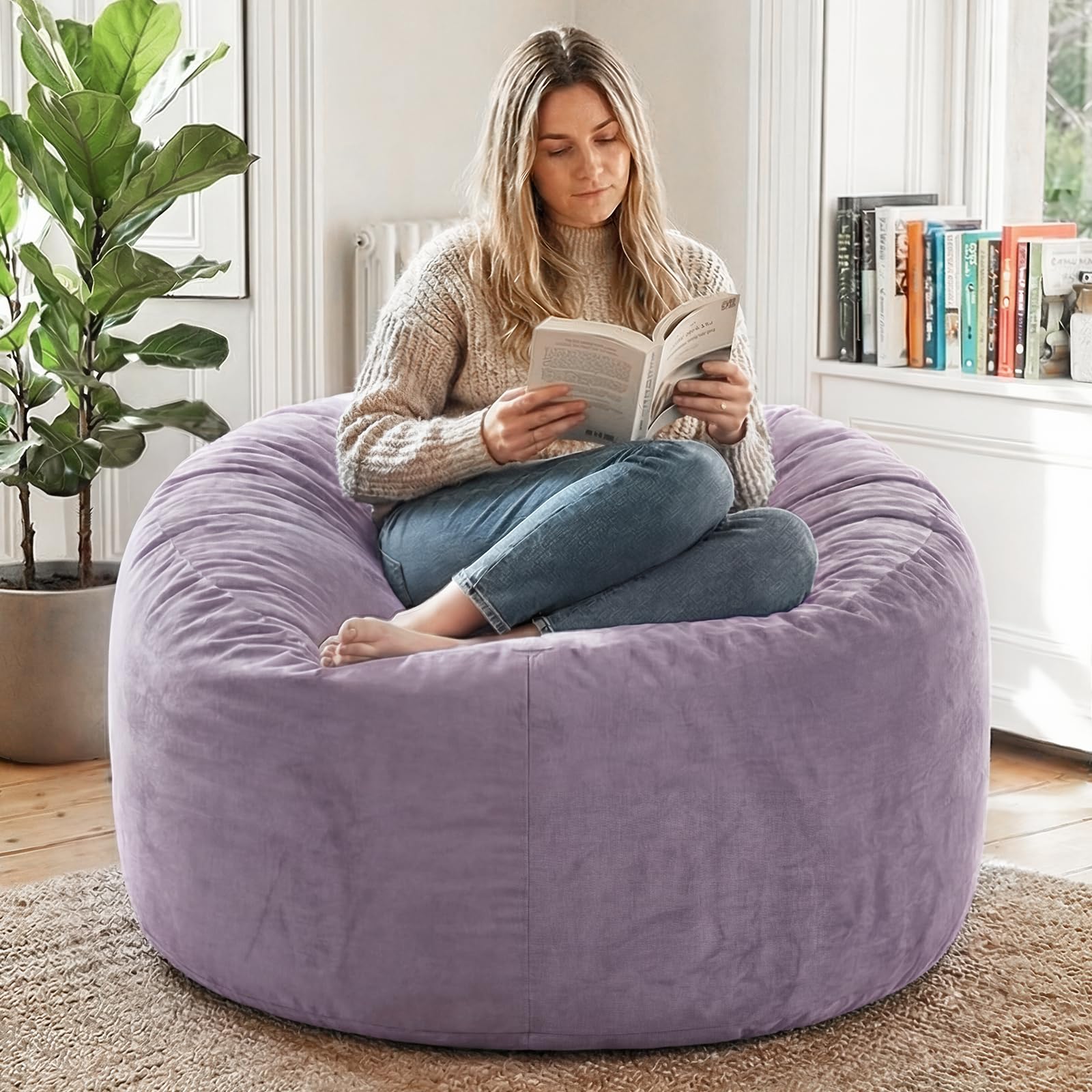 YuppieLife 4FT Bean Bag Chair, Foam Filled Bean Bags with Comfy Dutch Velvet & Machine Washable Cover, Adults BeanBag for Livingroom Bedroom, Purple