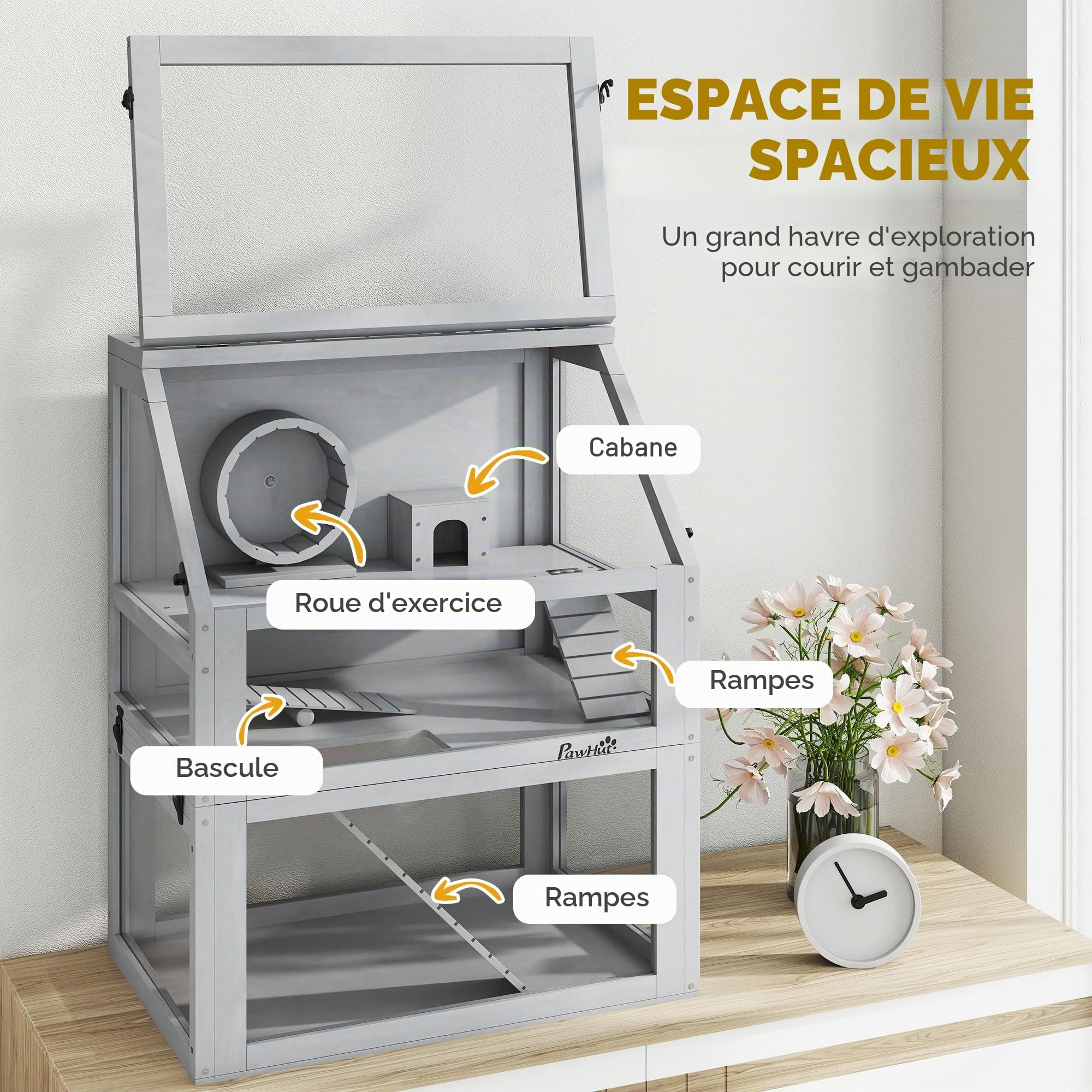 PawHut Cage à Hamster en Bois 3 étages Gris Clair | Cage pour gerbilles, fond amovible de 32cm de profondeur, maison, balançoire, roue d'exercice, rampes