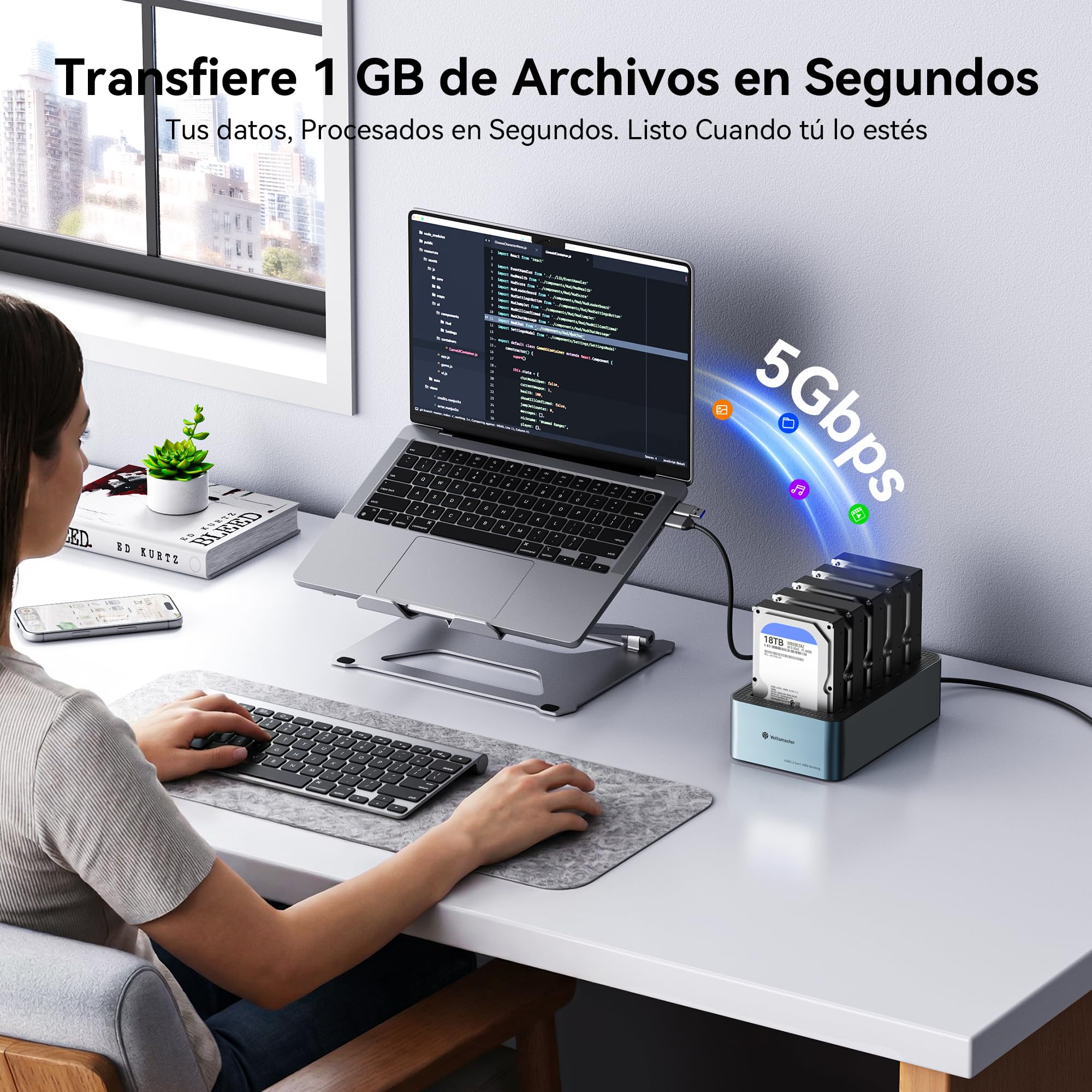 Yottamaster 5 Bay Offline Cloning Hard Drive Docking Station de Aluminio para 2,5/3,5 Pulgadas, USB 3.2 Gen1 SATA SSD/HDD Docking Station con Fuente de Alimentación de 12V 6,5A, Soporta 5x20TB