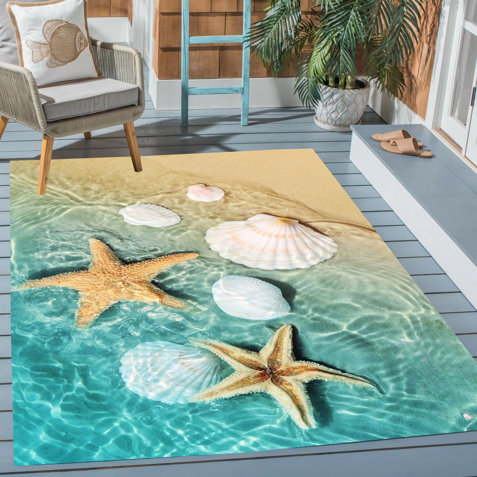 Star Fish Shell Ocean Beach 3D Illusion Outdoor Area Rug 6'x9' Blue Beige Waterproof Reversible Carpet for Patio Backyard Deck Balcony Livingroom