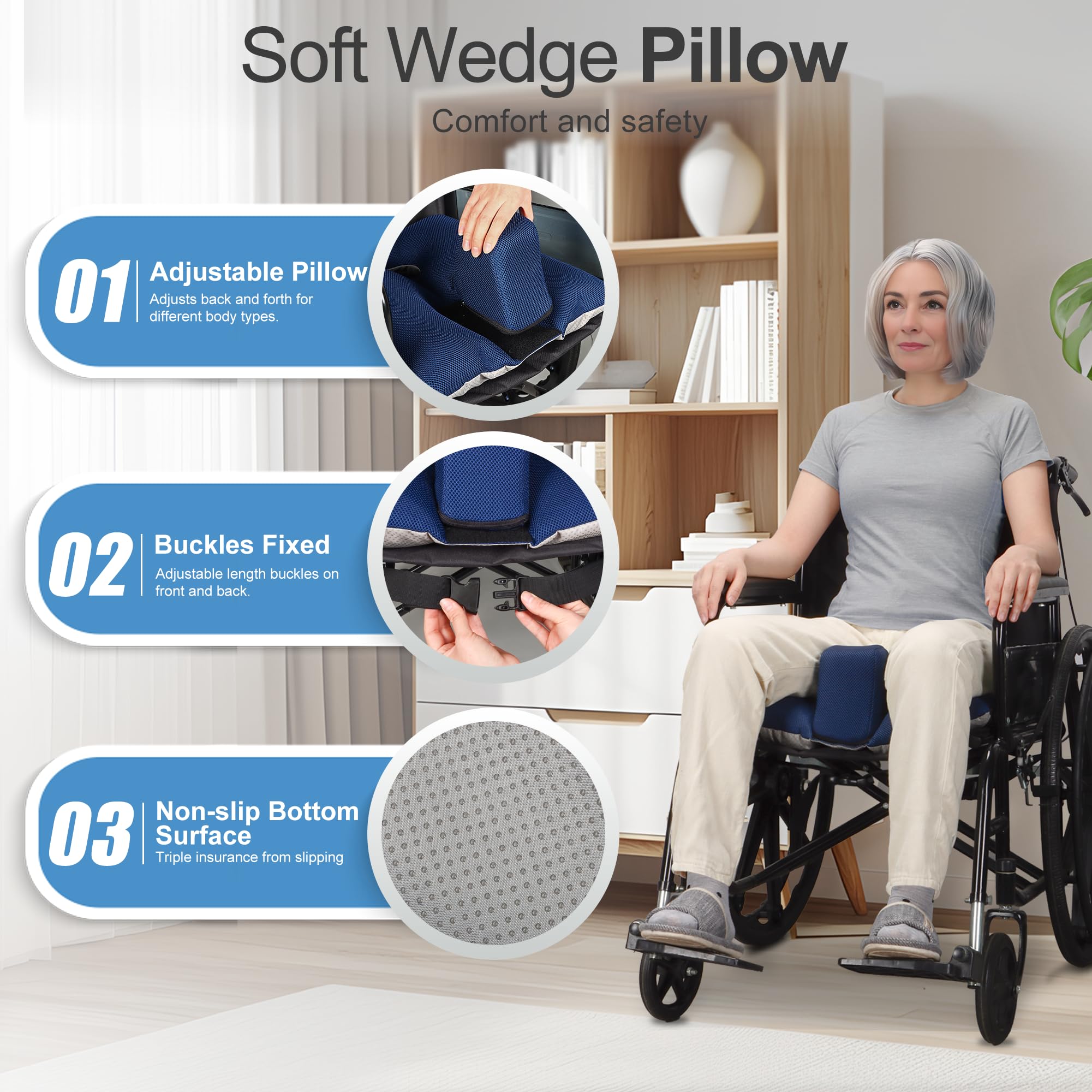 Cuscino a cuneo per sedia a rotelle con cinghie di sicurezza, cuscino antiscivolo per sedia a rotelle per alleviare la pressione, previene lo scivolamento in avanti, fornisce abduzione delle
