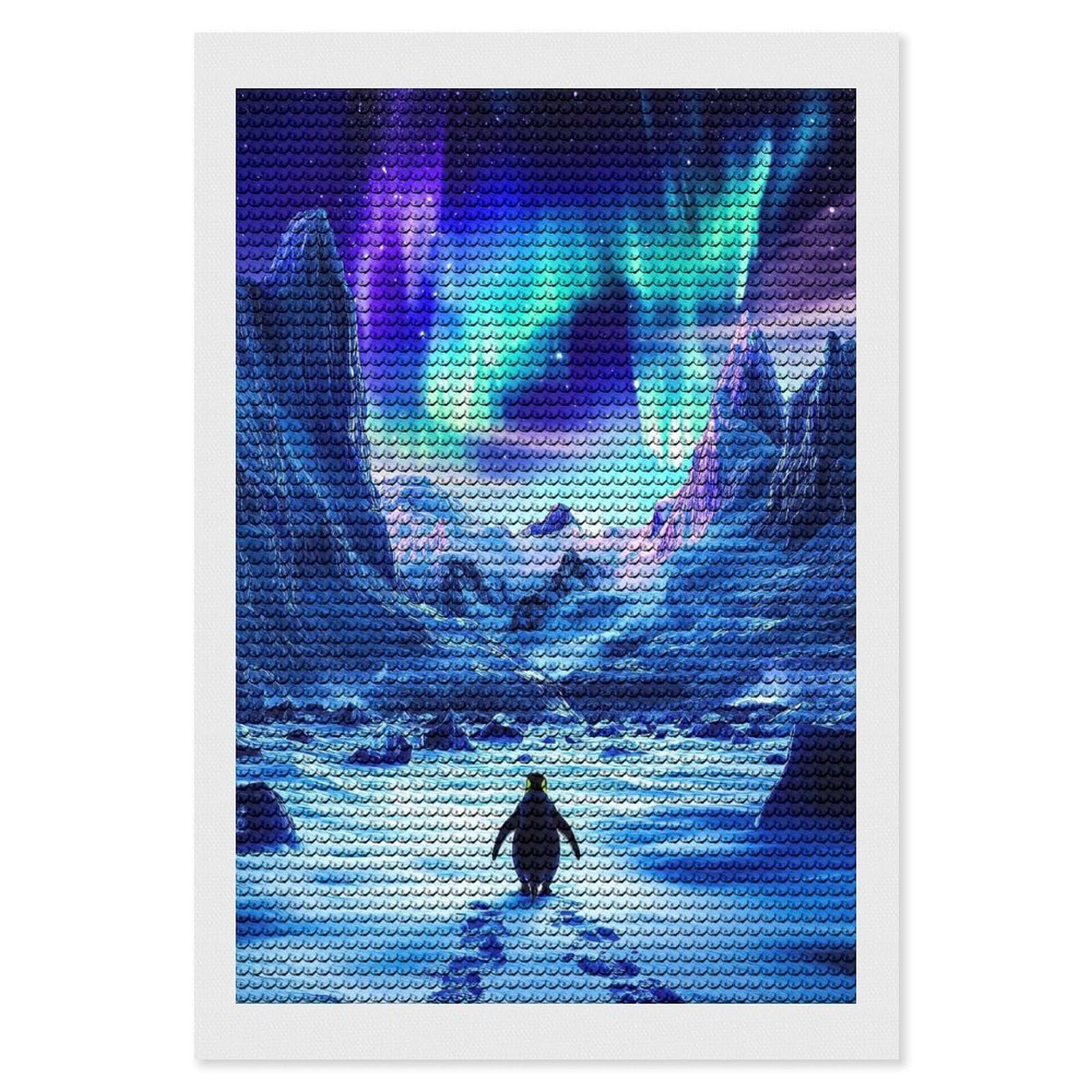 Junmoney Penguin Under Aurora Borealis Crystal Diamond Art Kit 8"x12", Round Gems, Detailed Printed Canvas, Creative Gift Idea, Vintage Style Decor