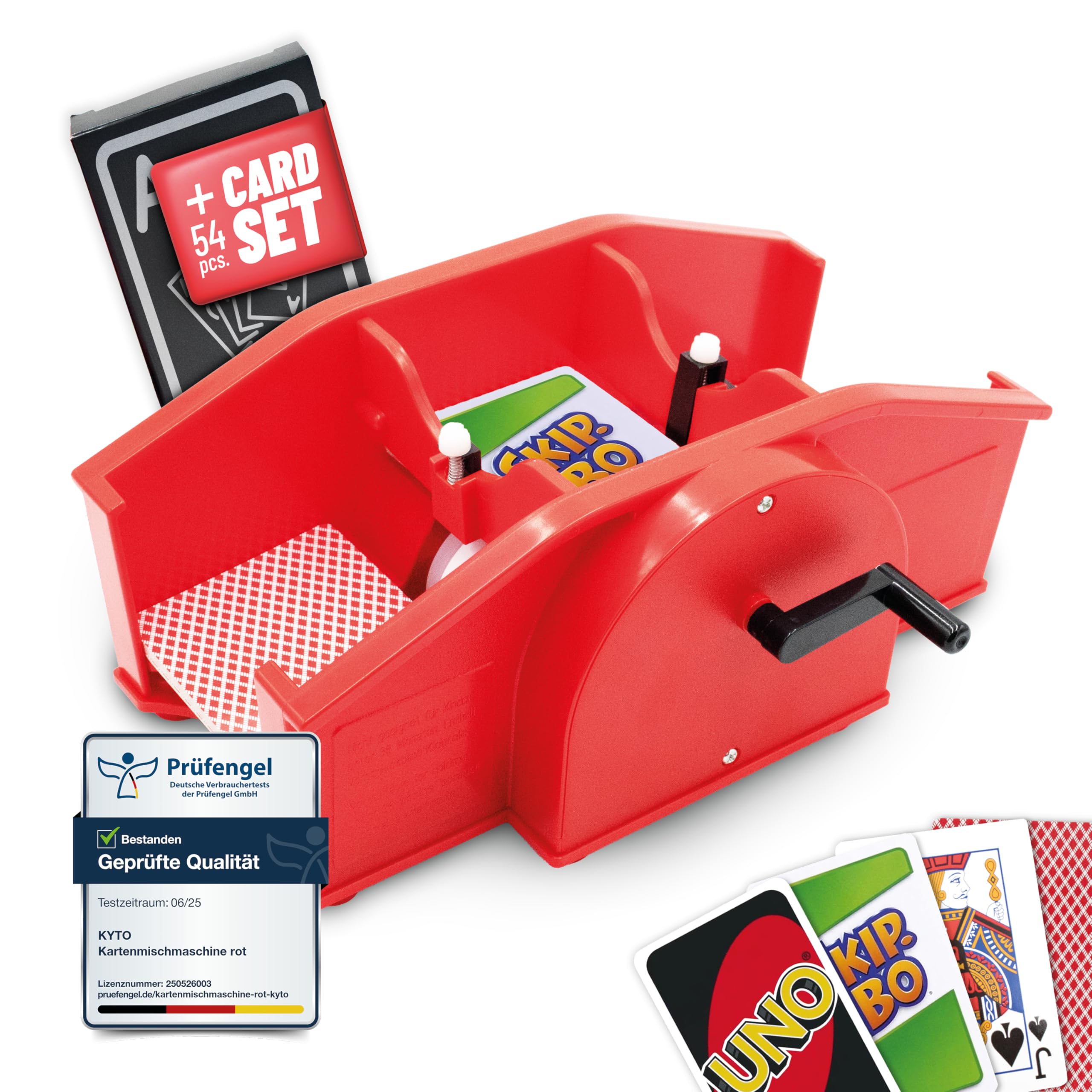 Kyto Poker Bundle – 300-tlg. Pokerkoffer Set mit Pokerchips, 2X Karten & Pokermatte + Manuelle Kartenmischmaschine mit Handkurbel inkl. Kartendeck – Texas Hold’em Komplettset