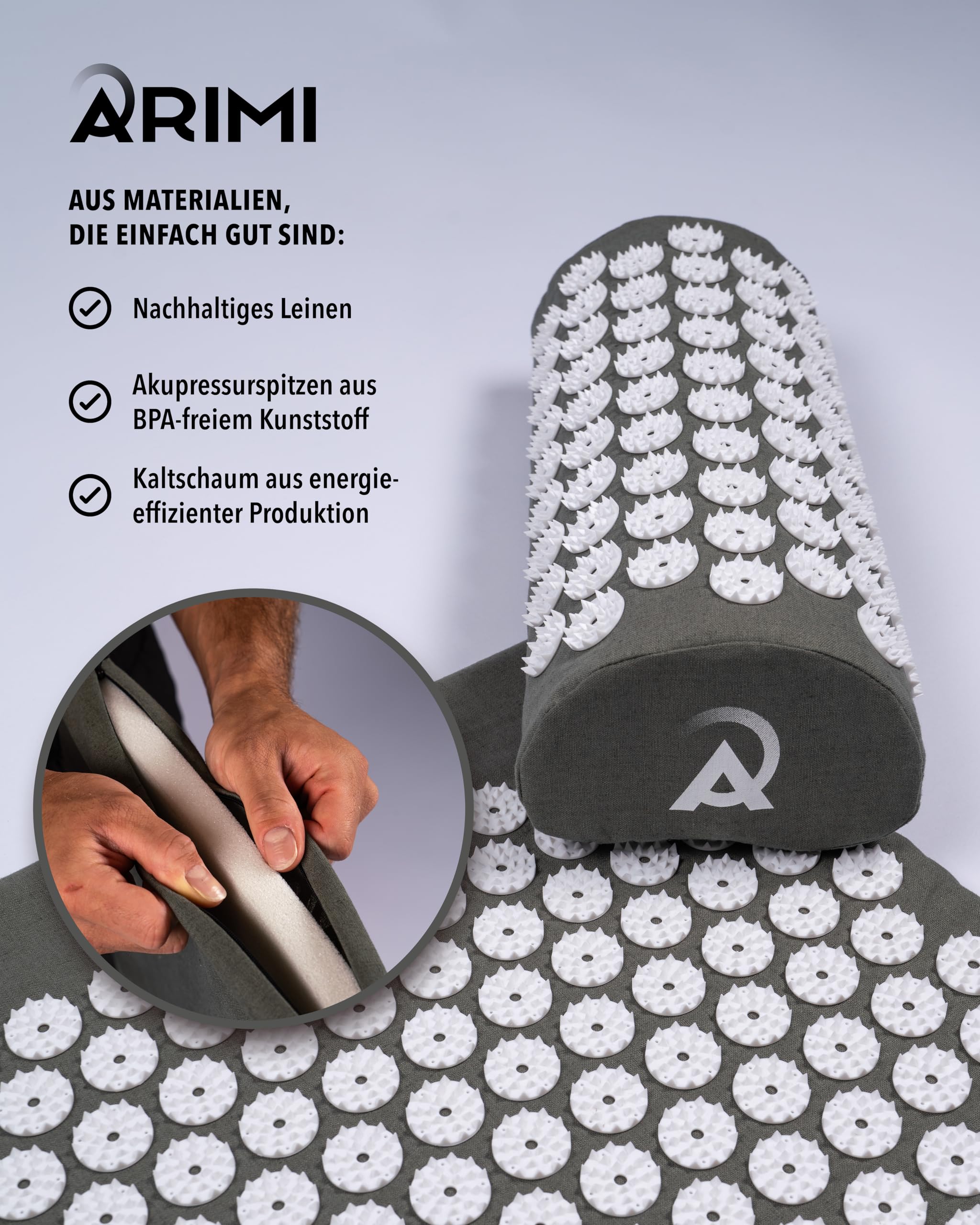 ARIMI® Akupressurmatte mit Kissen und Tasche, nachhaltig, ergonomisch – für Schmerzlinderung, Entspannung und Regeneration, ideal für Rücken und Nacken, Massagematte mit Akupressurkissen