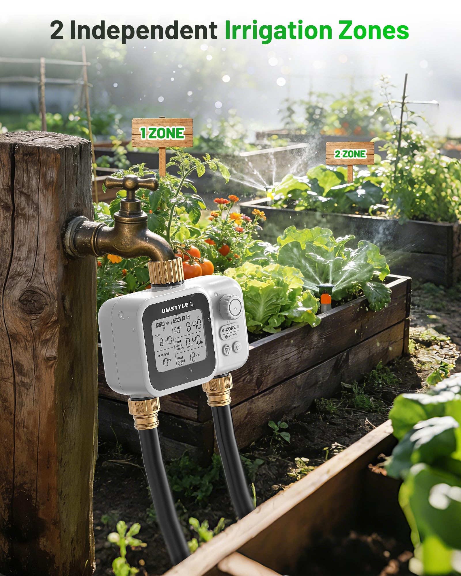 Timer a 2 zone con ingresso in ottone, fonti d'acqua a bassa pressione, valvola a sfera Unistyle per tubo da giardino, ritardo della pioggia, controllo manuale, irrigazione automatica per timer per