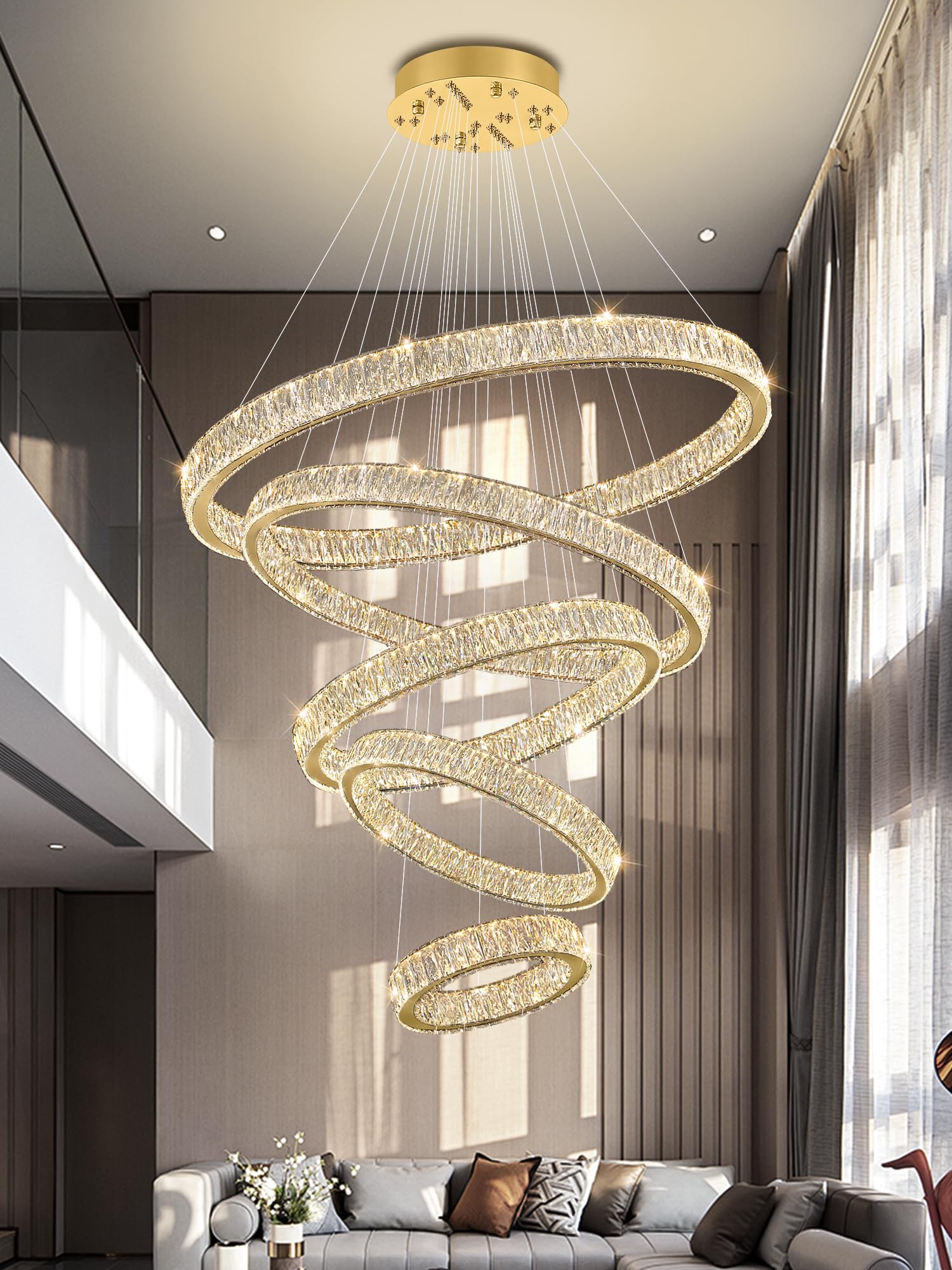 Modern 5 Ring Chandeliers for High Ceiling Foyer,Luxury Dimmable Crystal Ceiling Light Fixtures, Large Gold Chandelier D8''+15.7"+23.6"+31.5"+39.4"