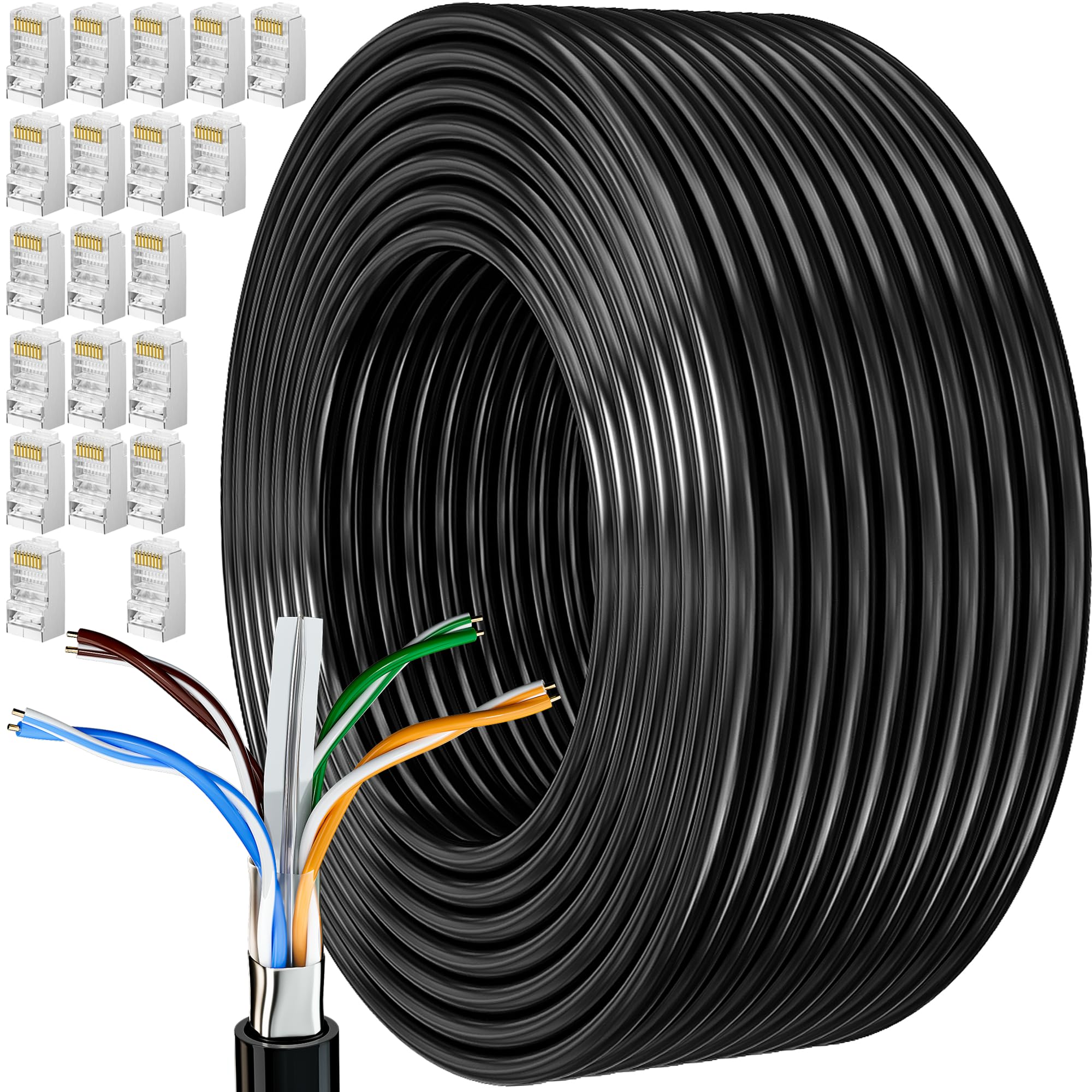 MEIPEK Cable Ethernet 100m, Cat 6 Rj45 Blindé Gigabit Câble Réseau Extérieur Anti-Brouillage Résistant aux Intempéries Cable Internet Noir FTP 23AWG 100 Mètres Fil Lan pour Modem Routeur