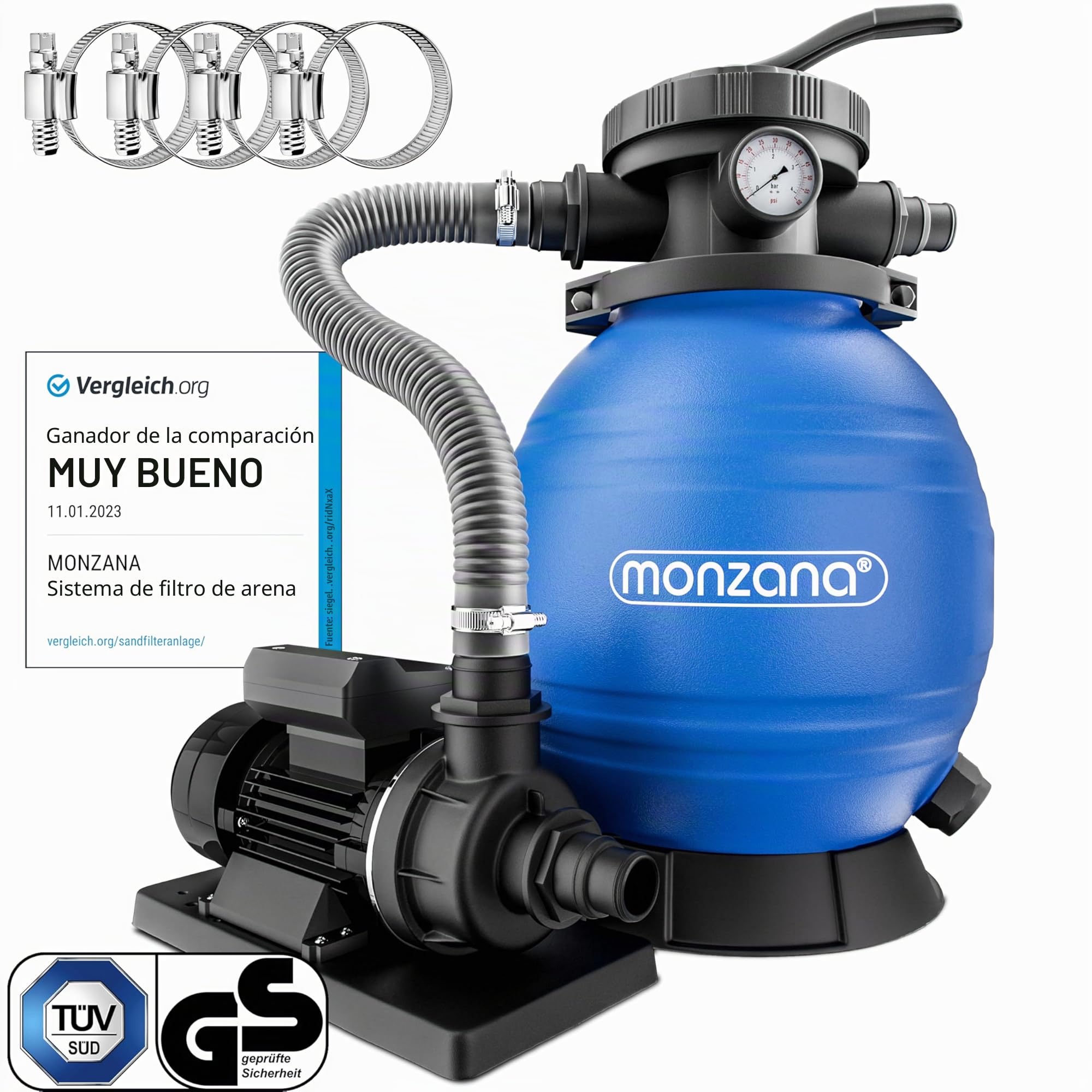 MONZANA® Depuradora Piscina 10.200 L/h Filtro de Arena hasta 35.000 L Bomba 400W Válvula 7 Funciones Filtrado Adaptador Ø32-38 mm Indicador de Presión