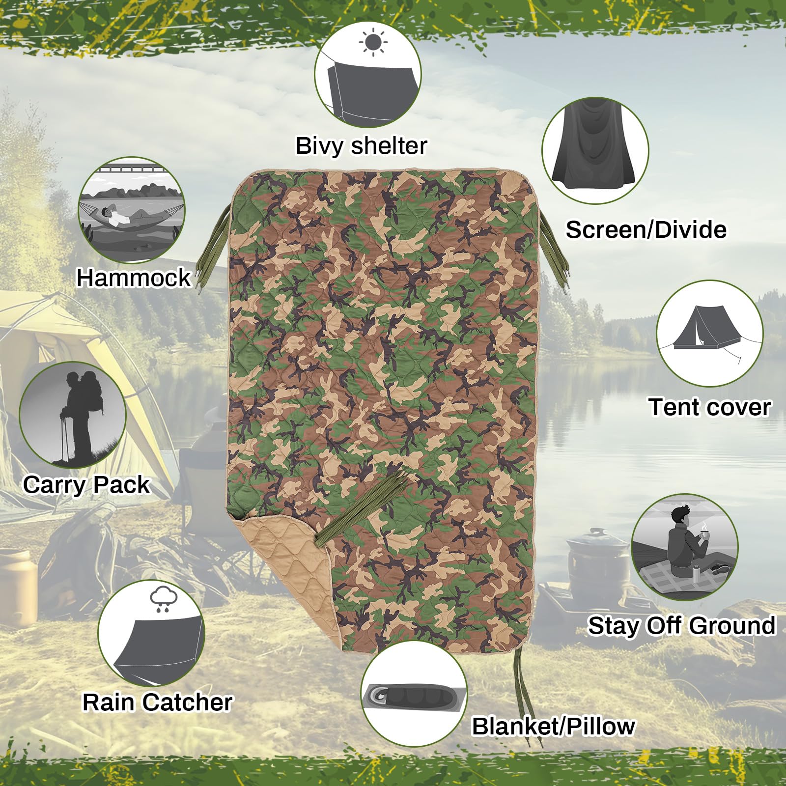Couverture matelassée Woobie,doublure de Poncho tactique,Camouflage