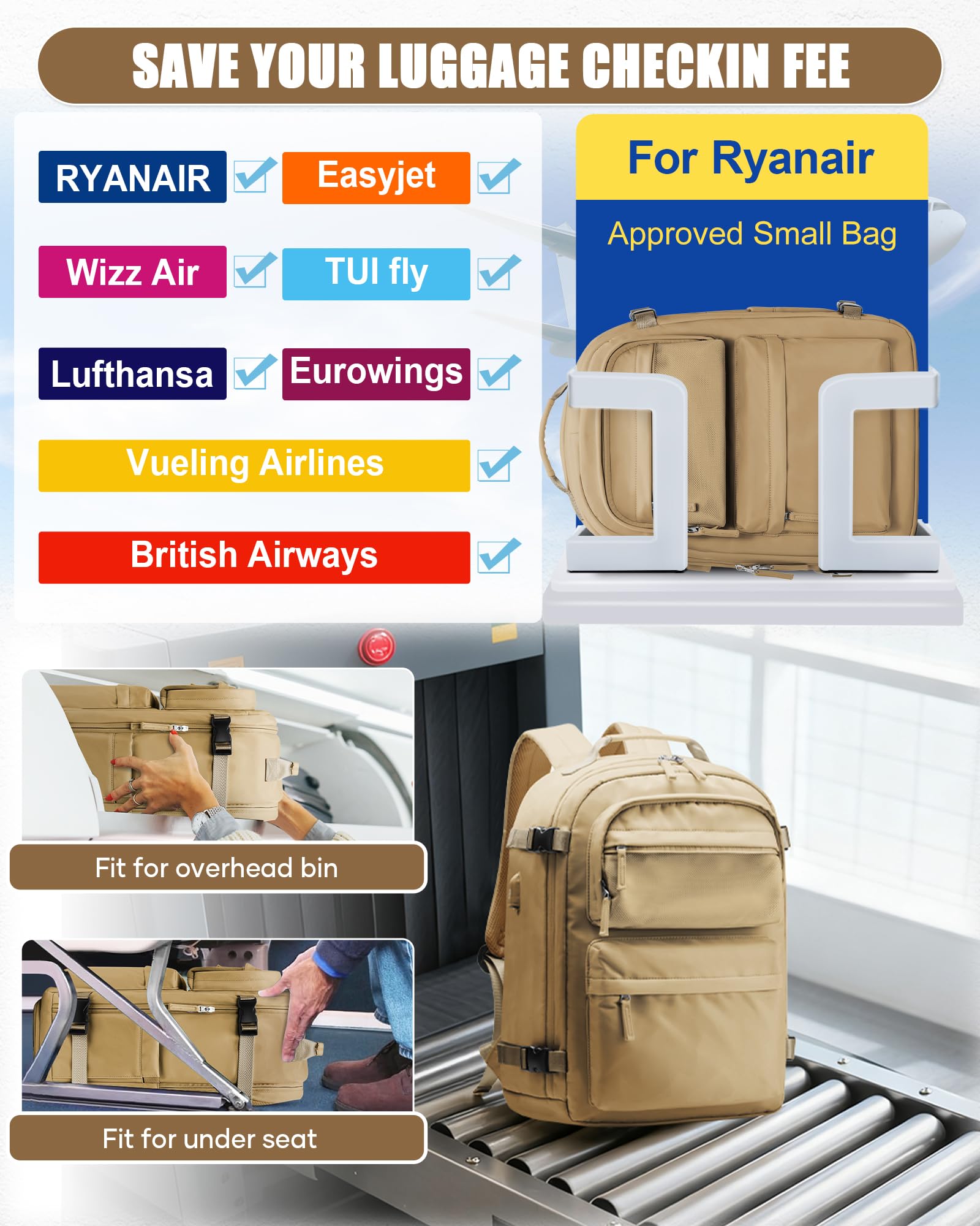 BJLFS Borse da Cabina per Ryanair 40×30×20 Zaino da Viaggio con Sottovuoto Bagaglio a Mano 40x20x25 Easyjet 45×36×20,Zaino Wizzair 40x30x20,Zaino Casual per laptop da 14 pollici per scuola