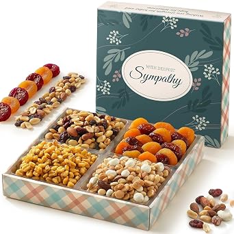 Broadway Basketeers Sympathy Dried Fruit and Nuts Gift Basket Premium Condolence Nuts and Dried Fruit Tray for Families & Loved Ones Bereavement Gifts Basket for Funerals, Memorials & Kosher Shiva
