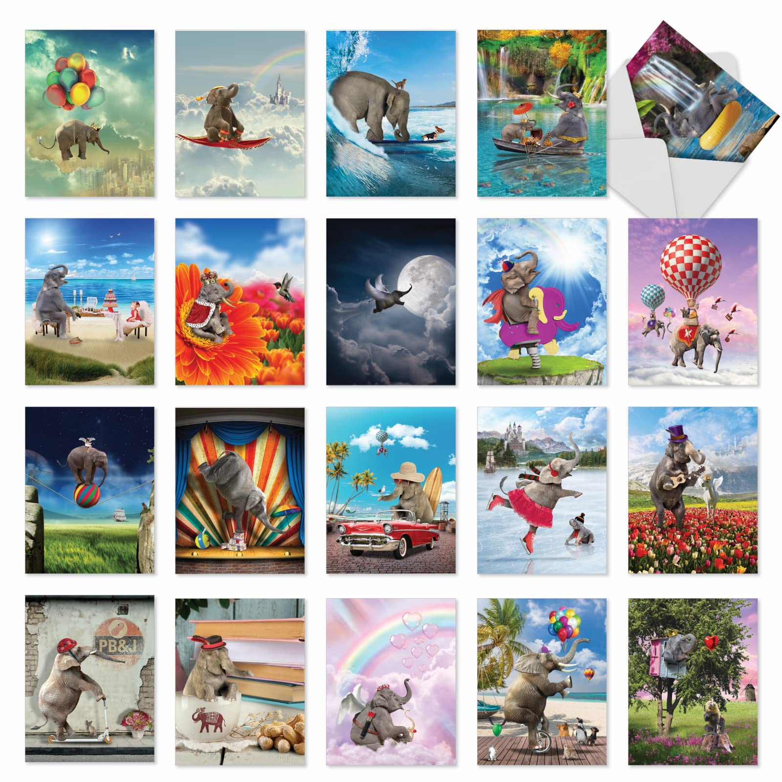 The Best Card Company - 20 Assorted Thank You Notecards Bulk Box Set 4 x 5.12 Inch with Envelopes (20 Designs, 1 Each) - Elefantasy Adventures