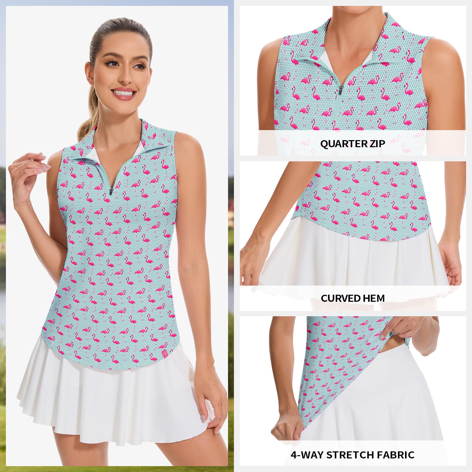 Soneven Women's Flamingo Sleeveless Golf Polo Shirts Zip Up Tennis Shirt Dry Fit Tank Tops Athletic Shirt
