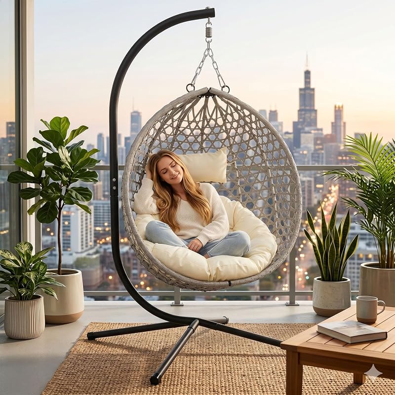 KEIKI Hanging Egg Chair with Stand, Folding Patio Hammock Swing Chair with Cushion, Patio Swing Basket Chair for Balcony, Backyard, Garden, Beige+Gray image 3