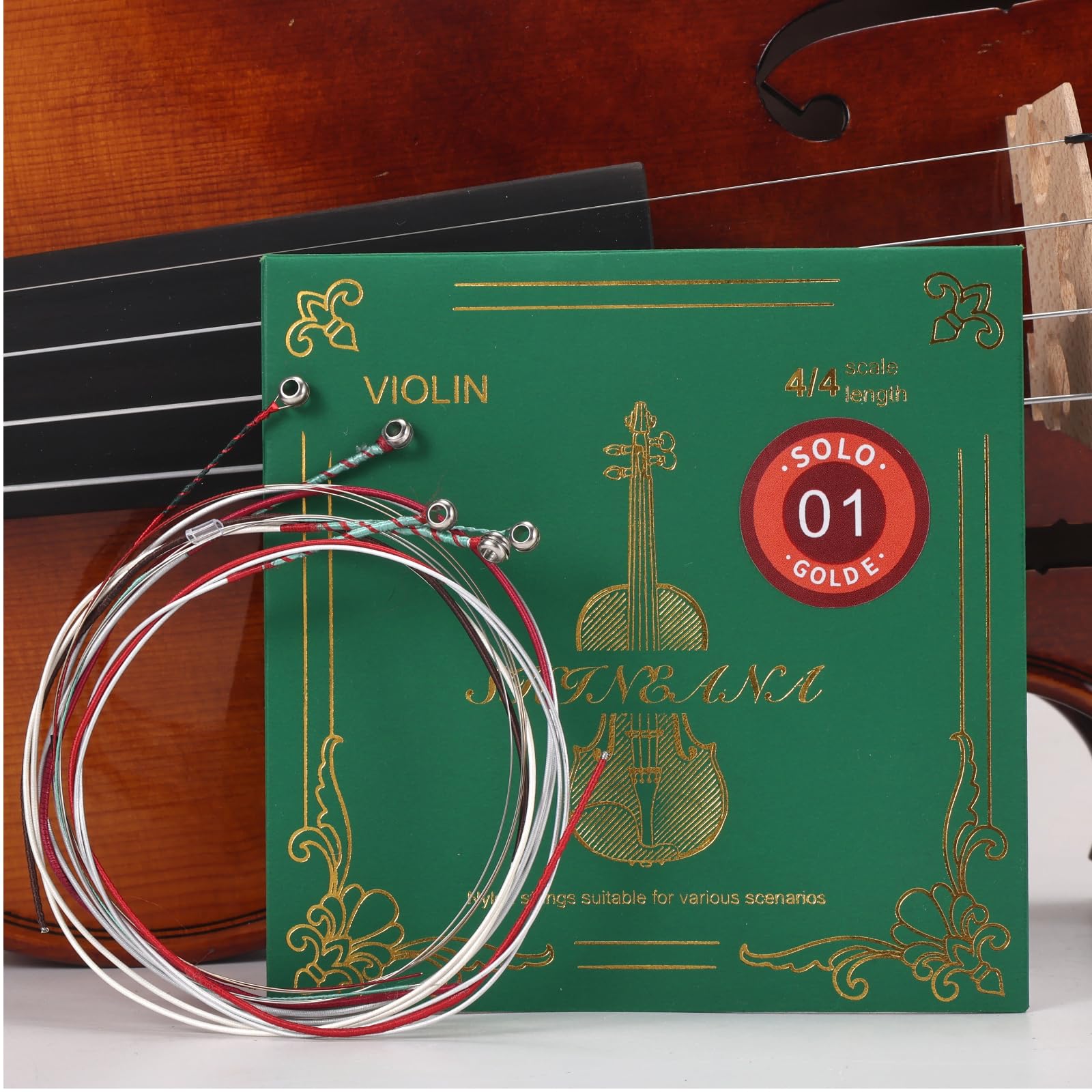 Juego completo de cuerdas de violín 4/4 con cuerda E dorada adicional | Núcleo sintético de alta calidad para un sonido cálido y rico y proyección mejorada | Tensión media, probado en conciertos | Se