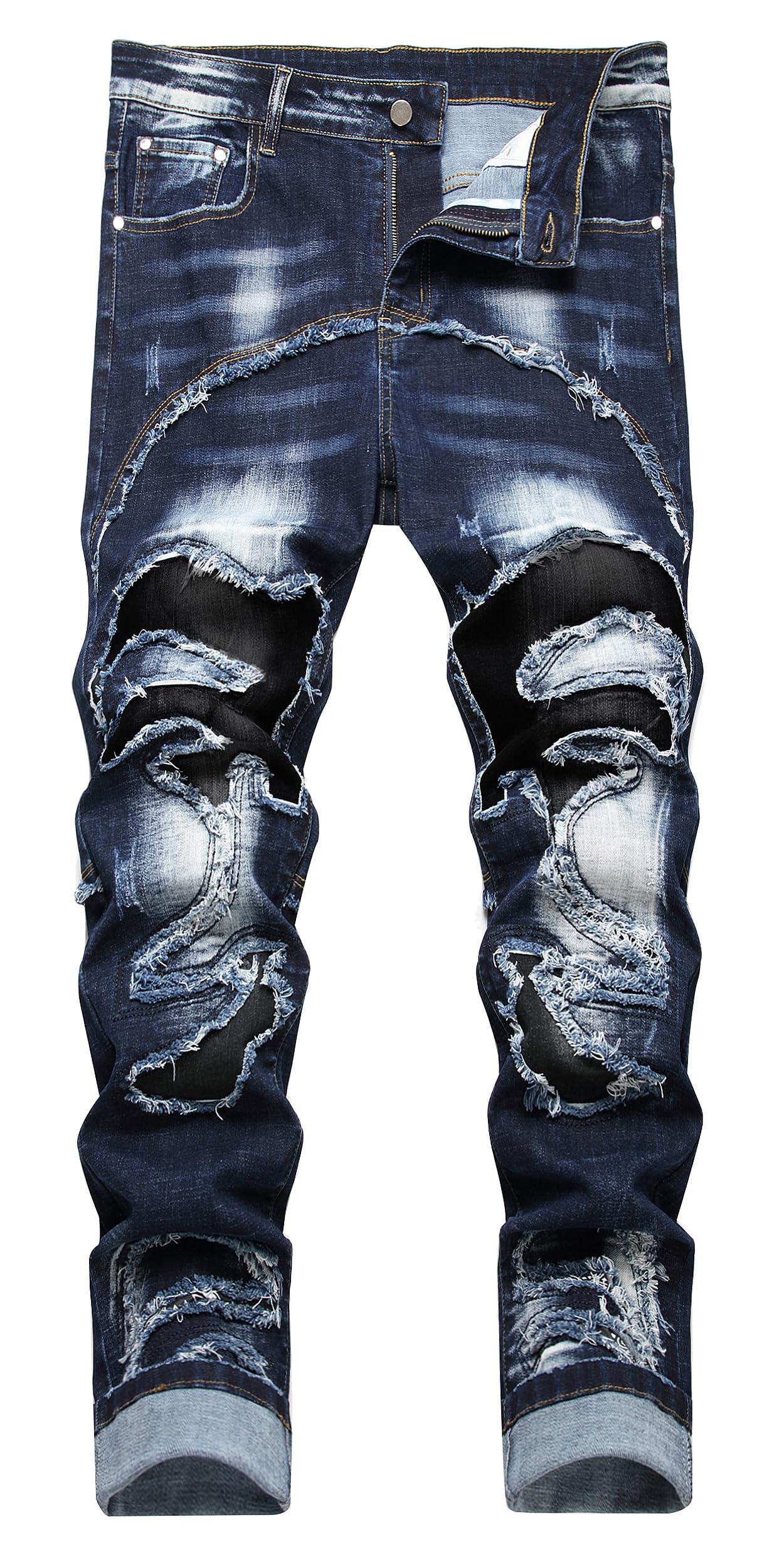 Men's Ripped Distressed Destroyed Straight Fit Washed Denim Jeans