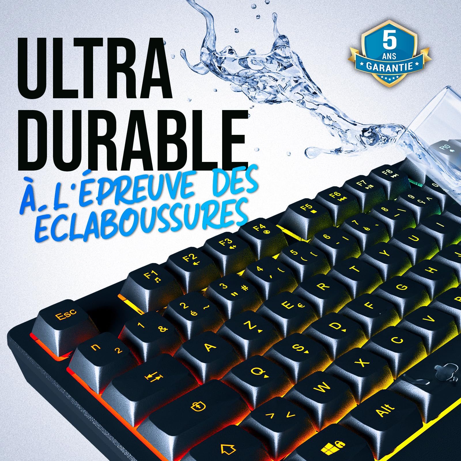 KLIM Chroma – Clavier sans Fil Gaming AZERTY FR, Rétroéclairage RGB, Silencieux & Ergonomique, Batterie Intégrée Longue Durée, Résistant aux Éclaboussures – USB 2,4 GHz pour PC/Mac/PS4/PS5 – Noir