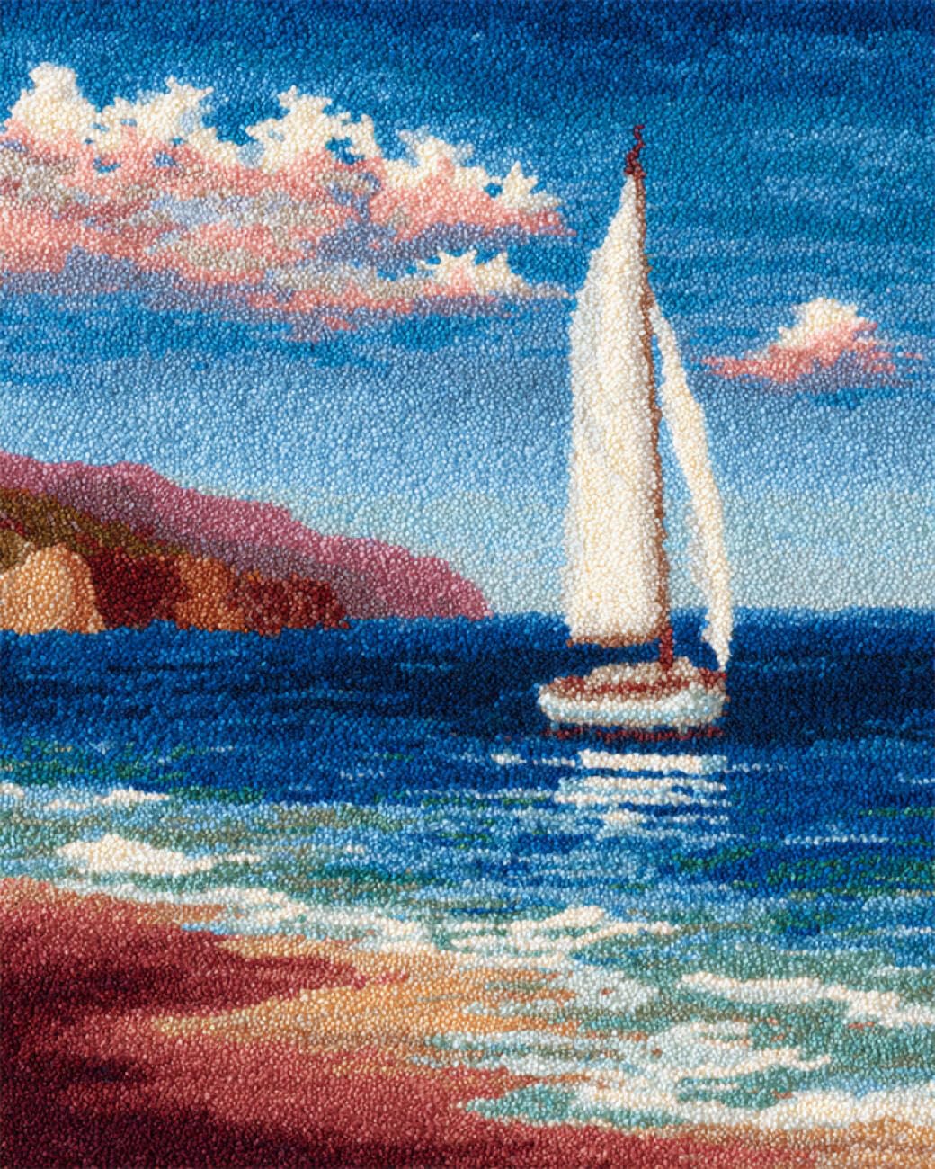 AxiangziK Landscape DIY Latch Hook Kit Large Rug Sea Sailing Boat Latch Hook Rug Kits for Beginners DIY Needlework Crocheting Tapestry Kit Home Decor 23x35in