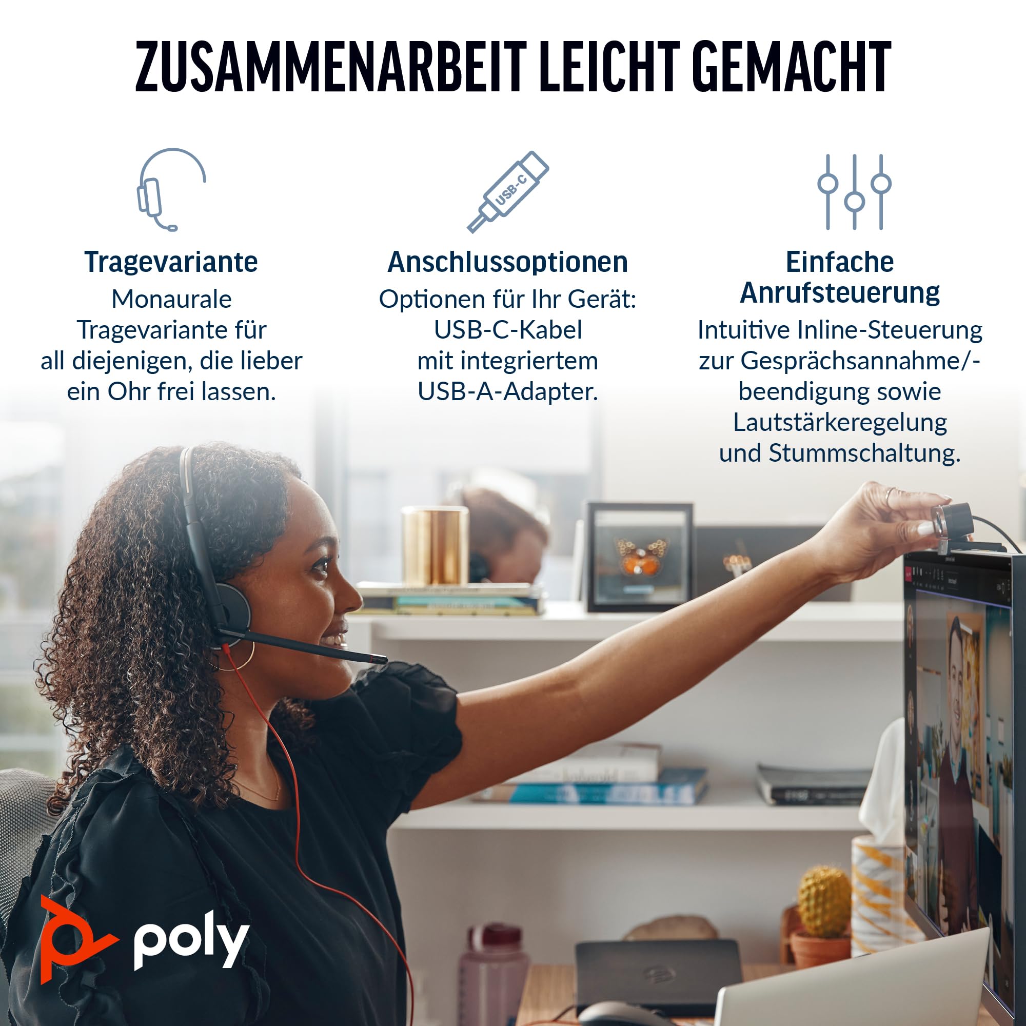 Schnurgebundenes USB-C-Headset Poly Blackwire 3210 – Noise Cancelling-Mikrofon – Ein-Ohr-Design – Verbindung mit PC/Mac über USB-C oder USB-A – Kompatibel mit Teams, Zoom