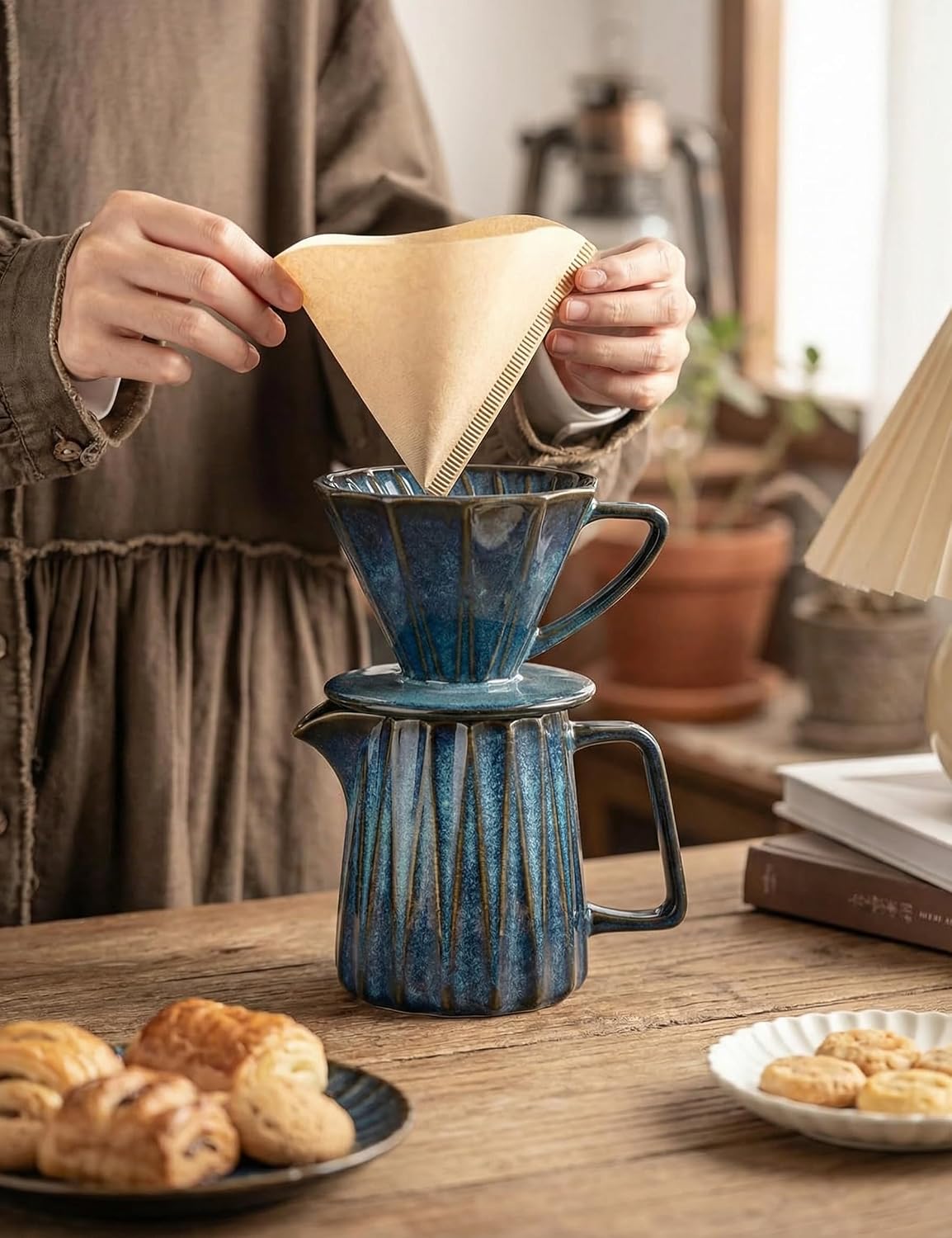 Pour Over Coffee Maker Set, Vintage Ceramic Coffee Dripper with 50 Paper Filters, 15oz/450ml, for Home Café Restaurant Camping