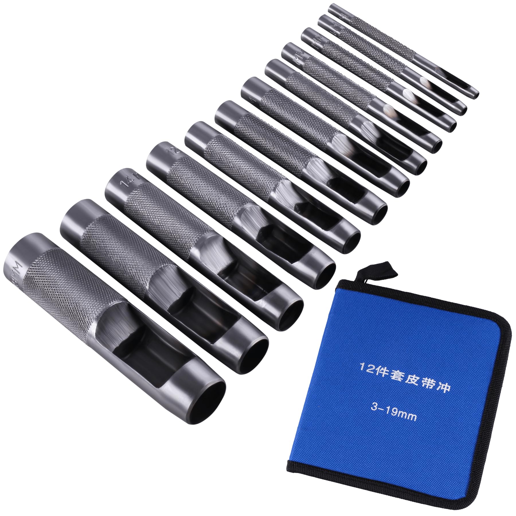 TIOMIOSEA 12 Pcs Steel Hollow Leather Punch Set, Heavy Duty Round Hole Tool with Storage Bag, 12 Sizes 3-19mm Round Puncher Cutter for Watch Bands, Belts, Gaskets, Leather Craft & DIY Projects