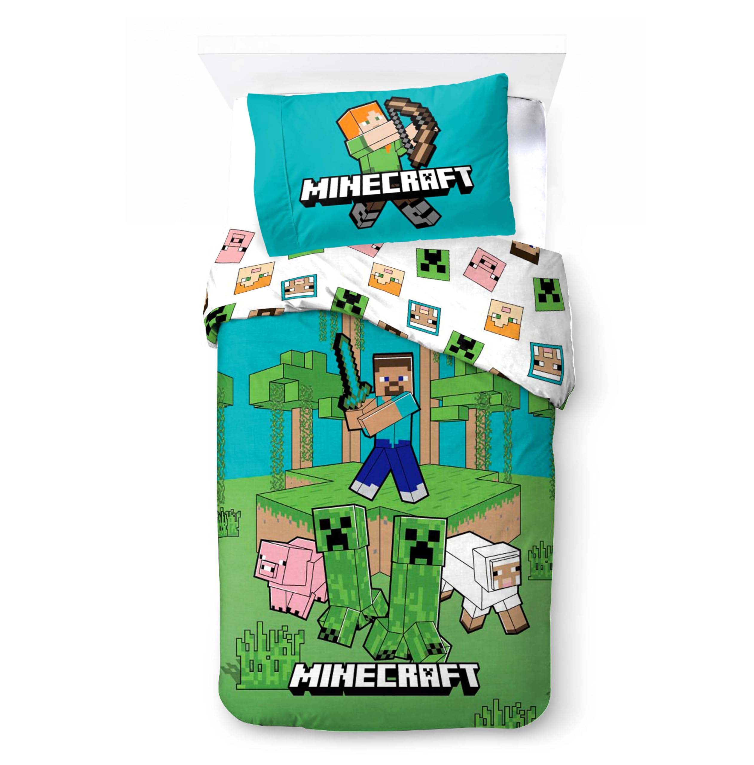 Minecraft Bedlinen Single Size | Duvet Cover 140x200 cm + Pillowcase 60x65 cm, 100% Cotton | Soft, Colorful & Reversible Bedding Set for Kids | Minecraft ''Jungle Explore'' Design