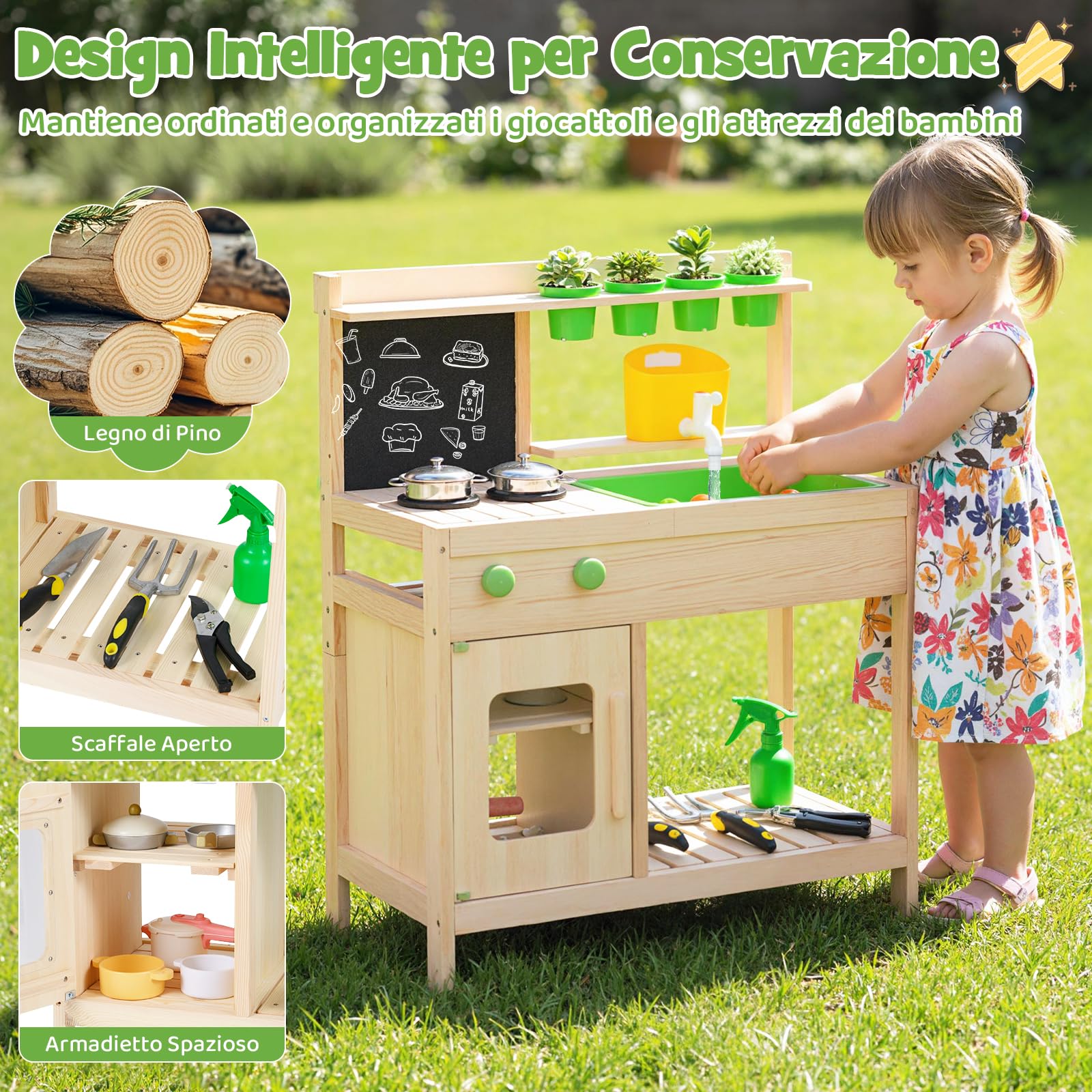 COSTWAY Cucina Giocattolo in Legno Massello, Cucina da Gioco con Rubinetto e Fioriera Removibile, Gioco Imitazione Fango e Giardinaggio all'Aperto, per Bambini 3+ Anni, 73 x 36 x 92 cm