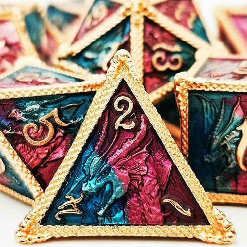 HAOMEJA DND - Juego de 7 dados de metal de dragón, dados de juego de rol, dados sólidos D&D, Calabozos y dragones (rojo, cobre, azul, morado)