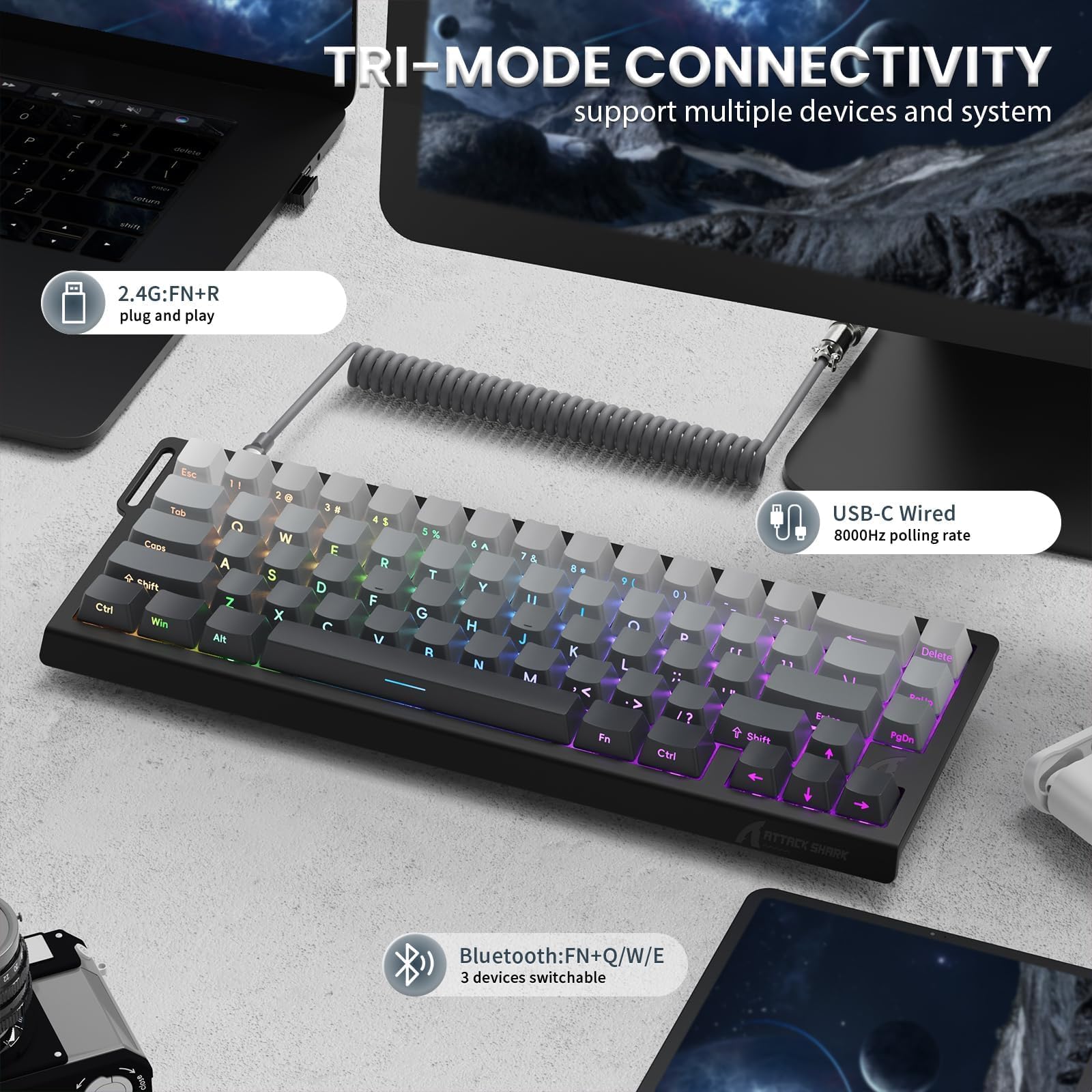 ATTACK SHARK X68PRO HE Tastiera da Gioco Wireless con Attivazione Rapida, Precisione RT 0,01 mm, Interruttore Magnetico, 8000Hz, Attuazione Regolabile, Snap Tap, RGB, C01 Cavo Spirale - Gradiente Nero