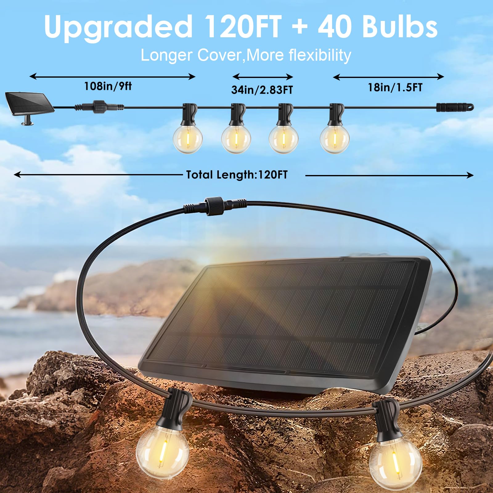 Solar-Lichterkette für den Außenbereich, wasserdicht, mit Fernbedienung, G40 solarbetriebene Lichterkette mit 40 + 2 bruchsicheren LED-Leuchtmitteln, dimmbar, Solar-Terrassen-Hängeleuchten für Außen